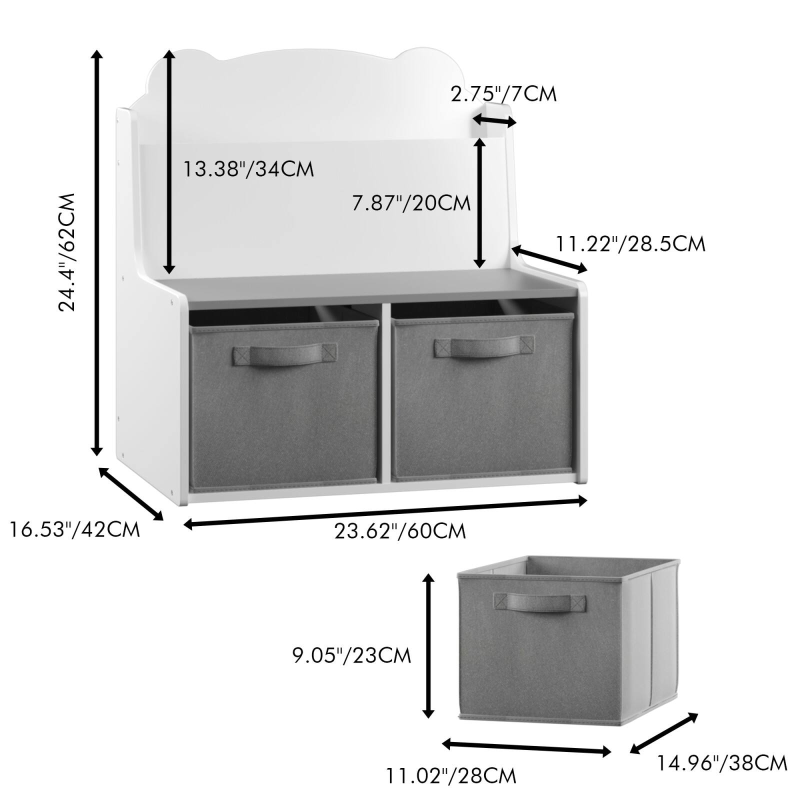 2.75"/7CM  
24.4"/62CM  
13.38"/34CM  
7.87"/20CM  
11.22"/28.5CM  
16.53"/42CM  
23.62"/60CM  
9.05"/23CM  
11.02"/28CM  
14.96"/38CM