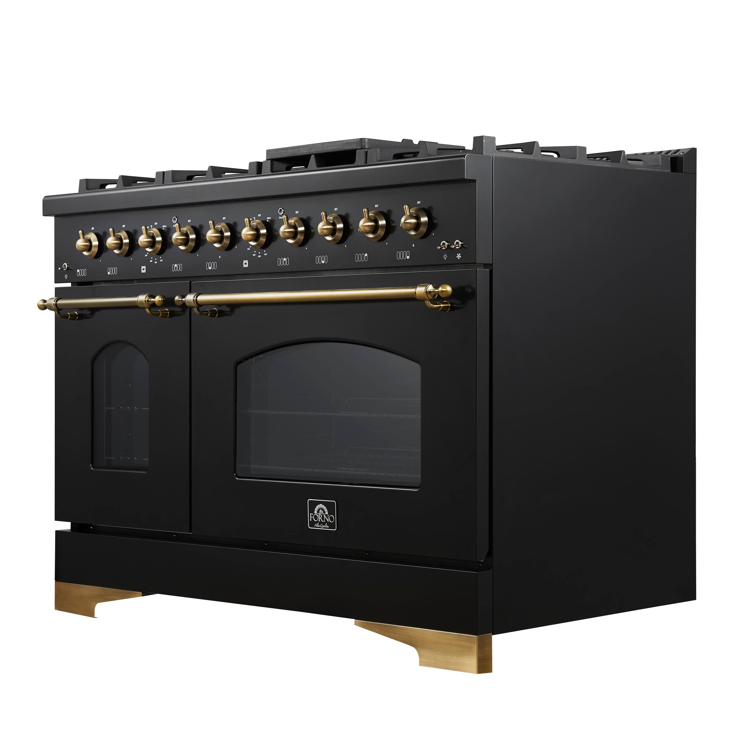 The image shows a black stove with a gold handle and a glass window. The oven has a total of 12 burners, with 6 burners on the top and 6 burners on the bottom. The stove is designed to be both a stove and an oven, making it a versatile appliance for cooking various dishes.