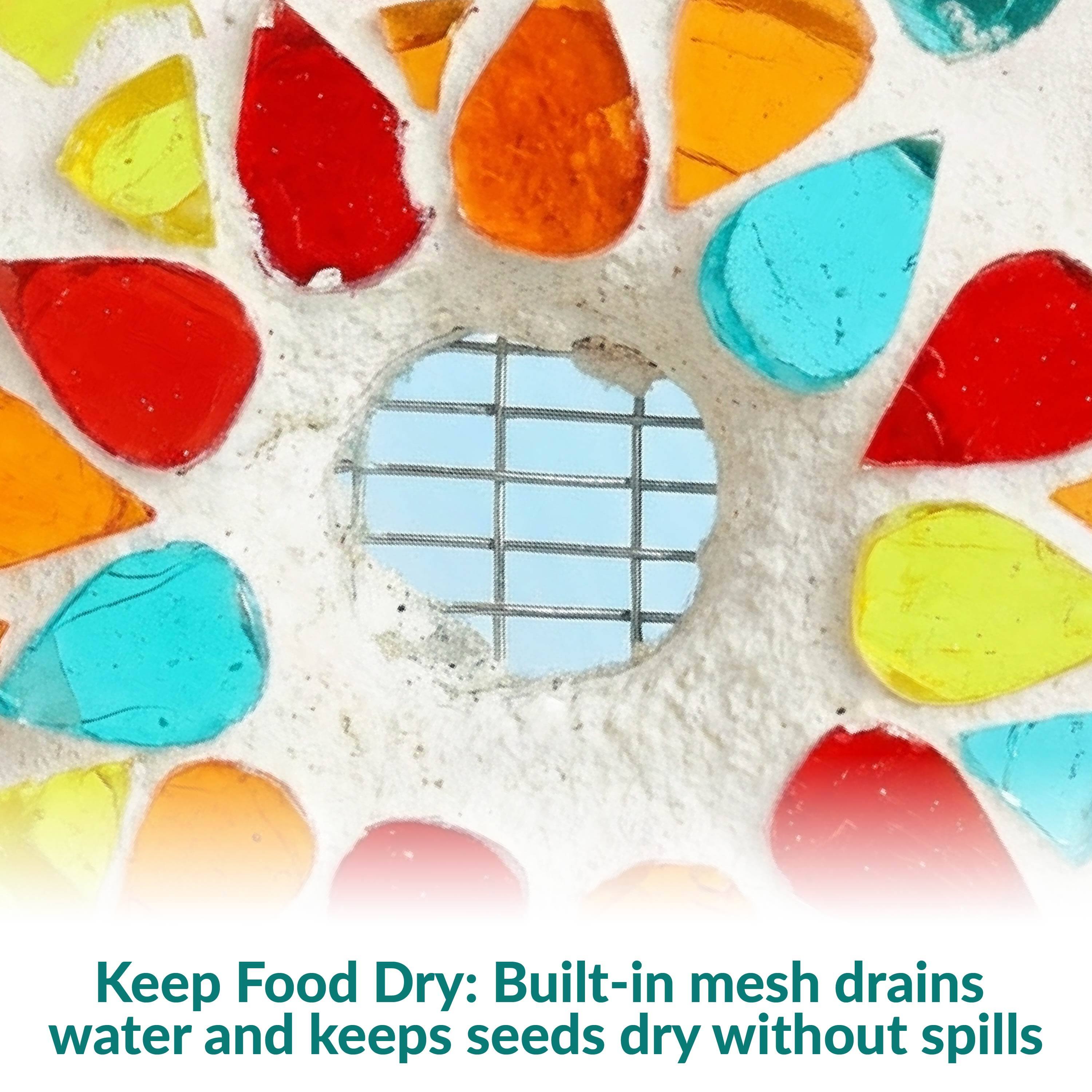 Keep Food Dry: Built-in mesh drains water and keeps seeds dry without spills