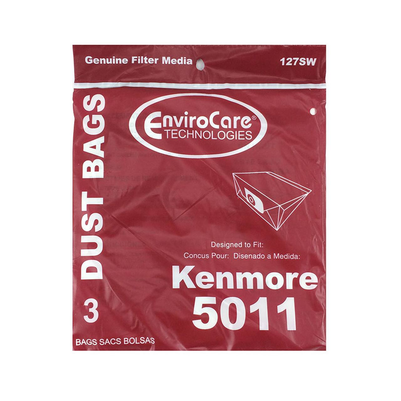 Genuine Filter Media  
127SW  
EnviroCare TECHNOLOGIES  
DUST BAGS  

Designed to Fit:  
Kenmore 5011  

3 BAGS  
BAGS SACS BOLSAS