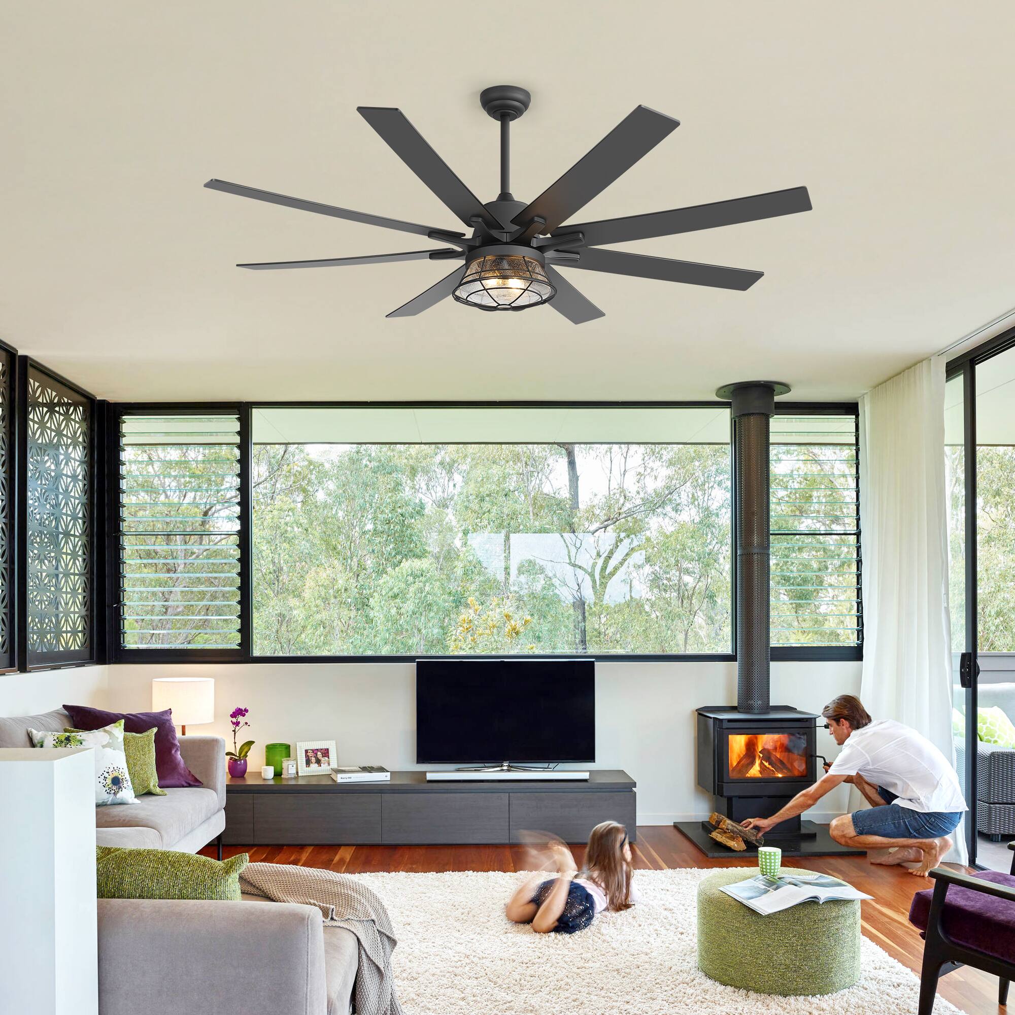 Angle. Breezary - 65-Inch Ceiling Fan with Cage Light, 8 Plywood Blades, DC Motor, Angled Mount, Downrod Included，High Airflow Performance - Black.