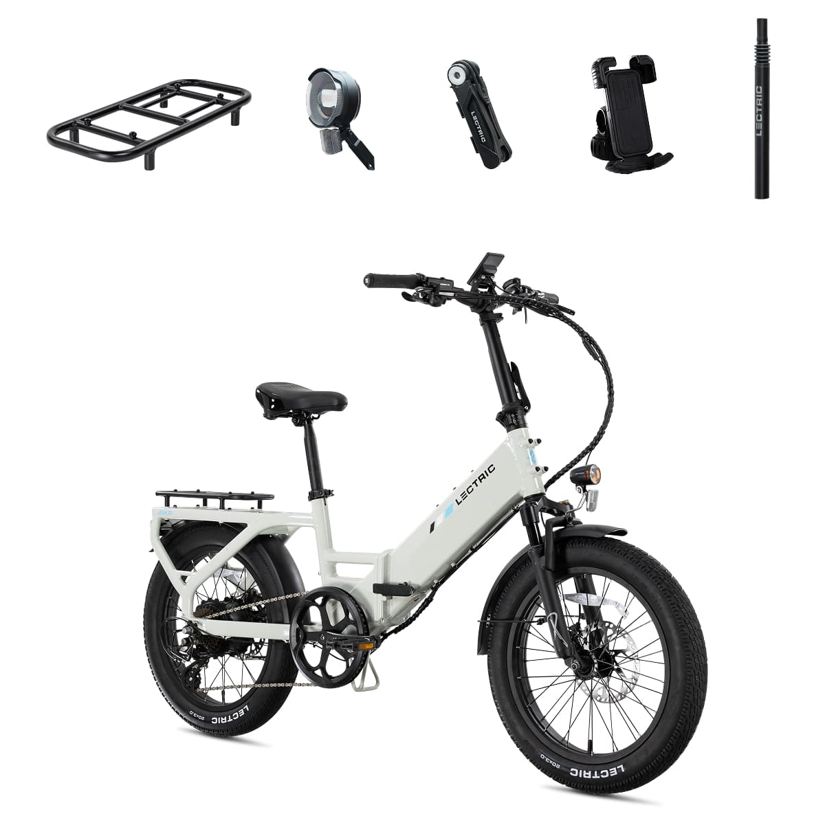Lectric eBikes - XP4 750 Step-Thru Foldable Long-Range eBike (Max 85mi/28mph) + LevelUp Rack/Seat Post/Elite Headlight/Lock/Phone Mount - Stratus White - Front_Zoom