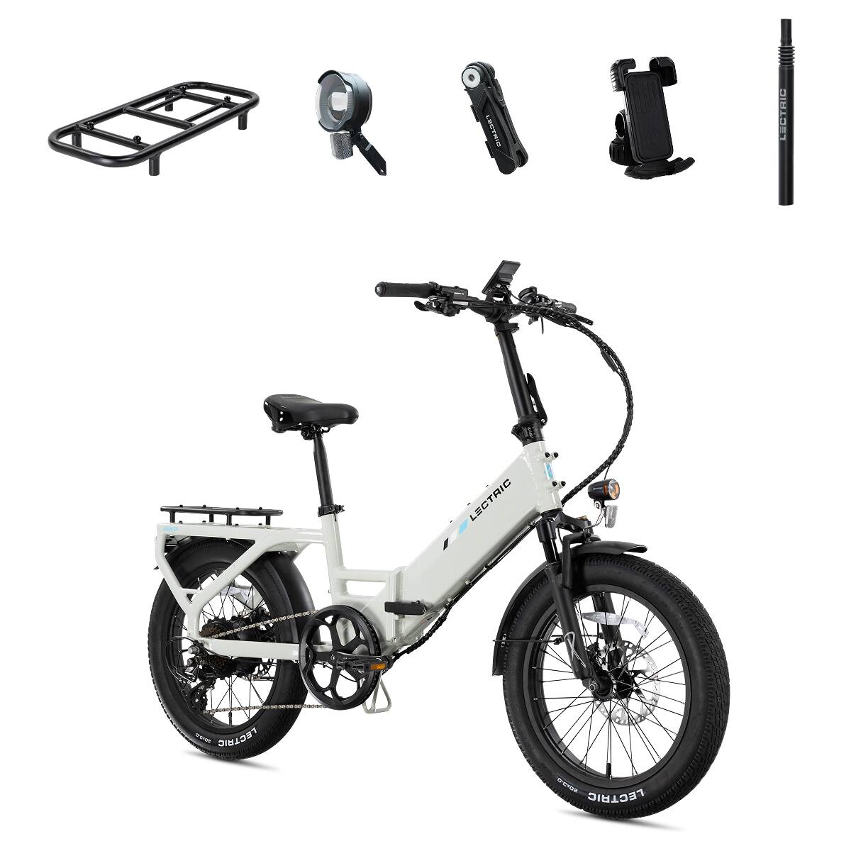 Lectric eBikes - XP4 750 Step-Thru Foldable Long-Range eBike (Max 85mi/28mph) + LevelUp Rack/Seat Post/Elite Headlight/Lock/Phone Mount - Stratus White