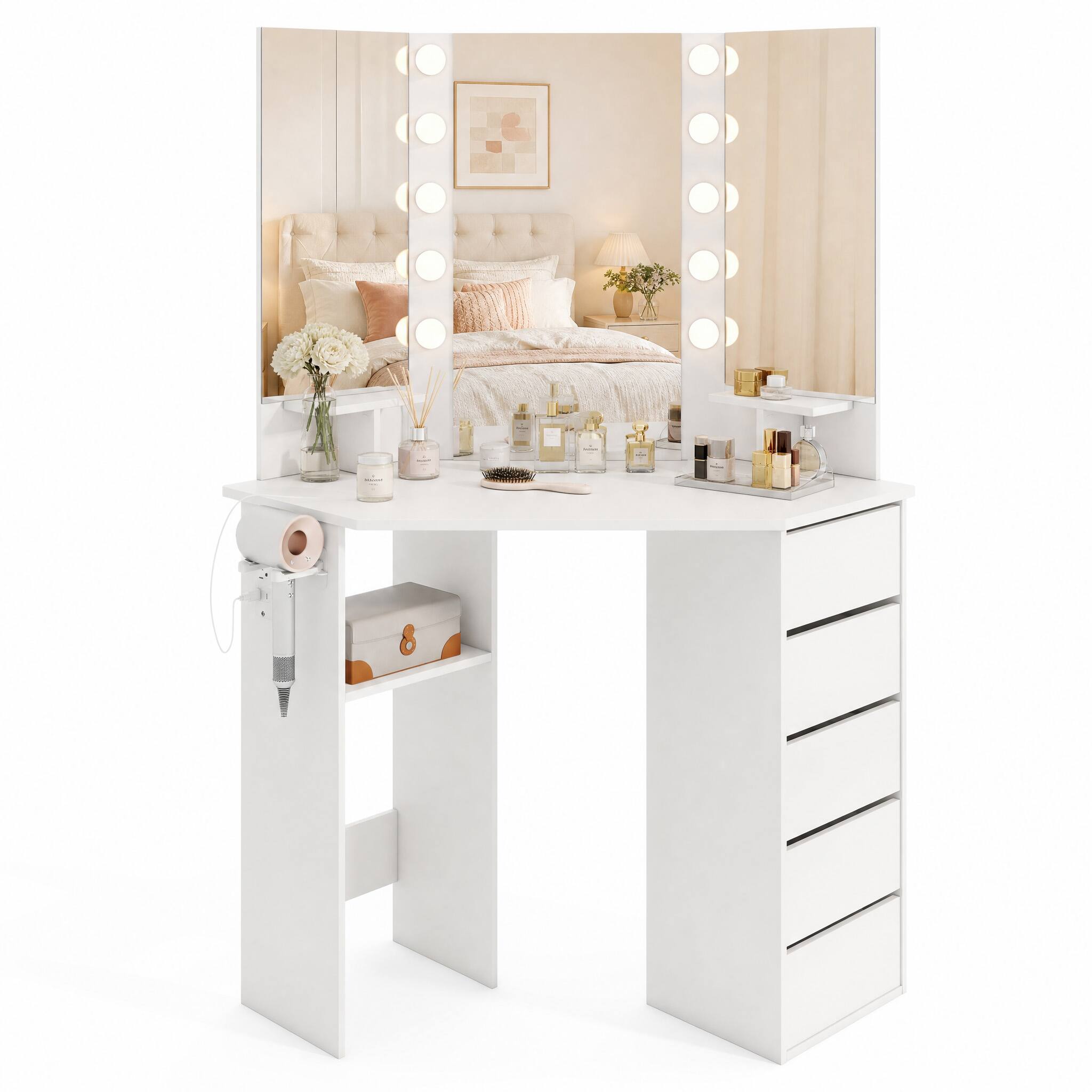 Alt View 4. WELLFOR - Corner Vanity Desk with Mirror and Lights, Makeup Vanity Table with 5 Drawers&Charging Station,Vanity Dressing Table - White.