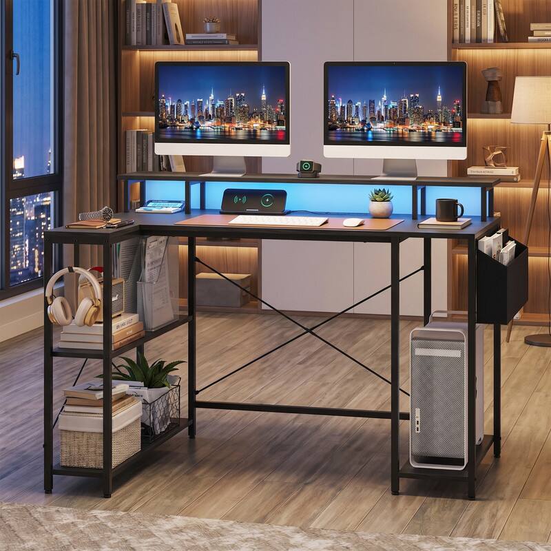 Angle. WELLFOR - 48" Computer Desk with LED Lights and Power Outlets, L Shape Desk Gaming Desk with Open Shelf for Home Office - Black.