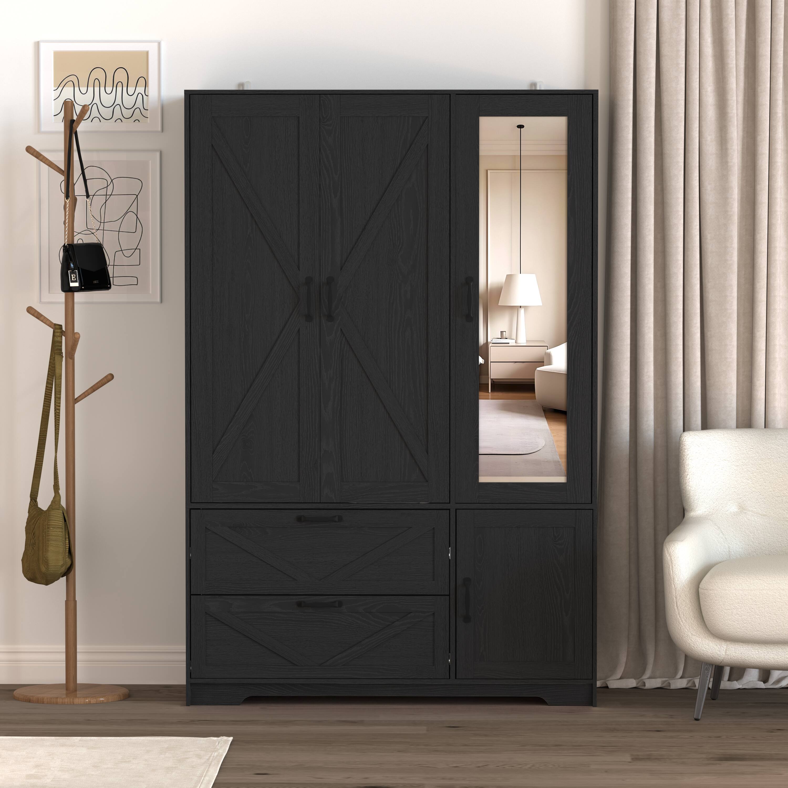 Angle. MERAVOM - Wardrobe Closet with Mirror, 4 Doors and 2 Drawers, Wooden Wardrobe Storage Cabinet with Hanging Rod, Adjustable Shelves - Black.