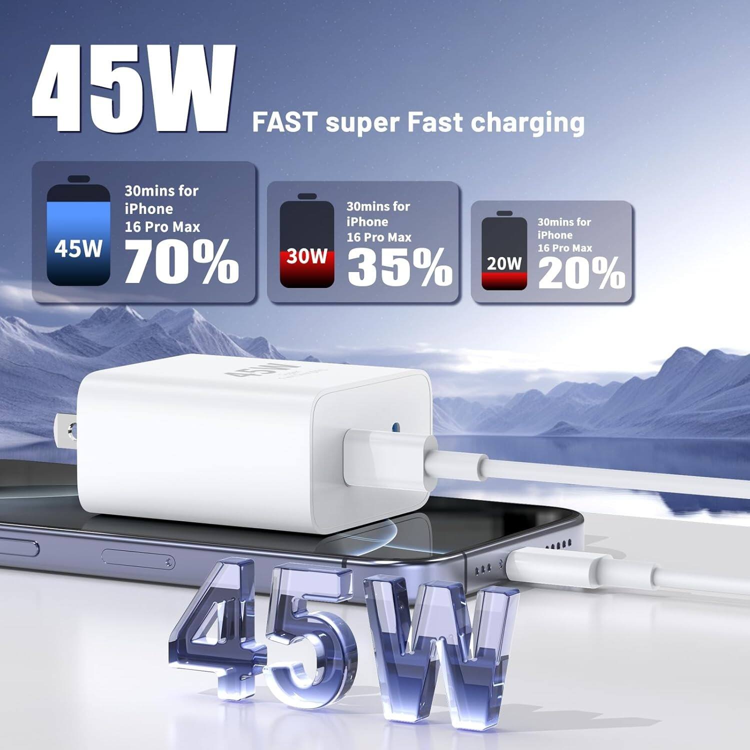 45W FAST super Fast charging

30mins for iPhone 16 Pro Max 70%
30mins for iPhone 16 Pro Max 35%
30mins for iPhone 16 Pro Max 20%
45W 16 Pro Max 70%
30W 20W 35% 20% 1 45W