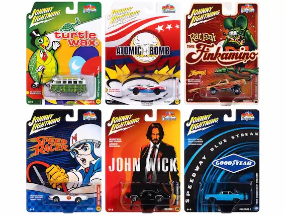 Sure, here is the corrected and grouped text from the image:
---
**Johnny Lightning**
- **Turtle Wax**
- Die-cast Metal Body & Chassis
- Release 1
- 6+*
- **Atomic Bomb**
- Die-cast Metal Body & Chassis
- Release 1
- 6+*
- **Rat Fink The Finkamino**
- Die-cast Metal Body & Chassis
- Release 1
- 6+*
- **Speed Racer**
- Die-cast Metal Body & Chassis
- Release 1
- 6+*
- **John Wick**
- Die-cast Metal Body & Chassis
- Authentic Movie Replica
- Release 1
- 6+*
- **Speedway Dodge Dart GTS**
- Die-cast Metal Body & Chassis
- Blue Streak
- Good Year
- Release 1
- 6+*
---
This text is grouped by each product and includes the key details from the packaging.