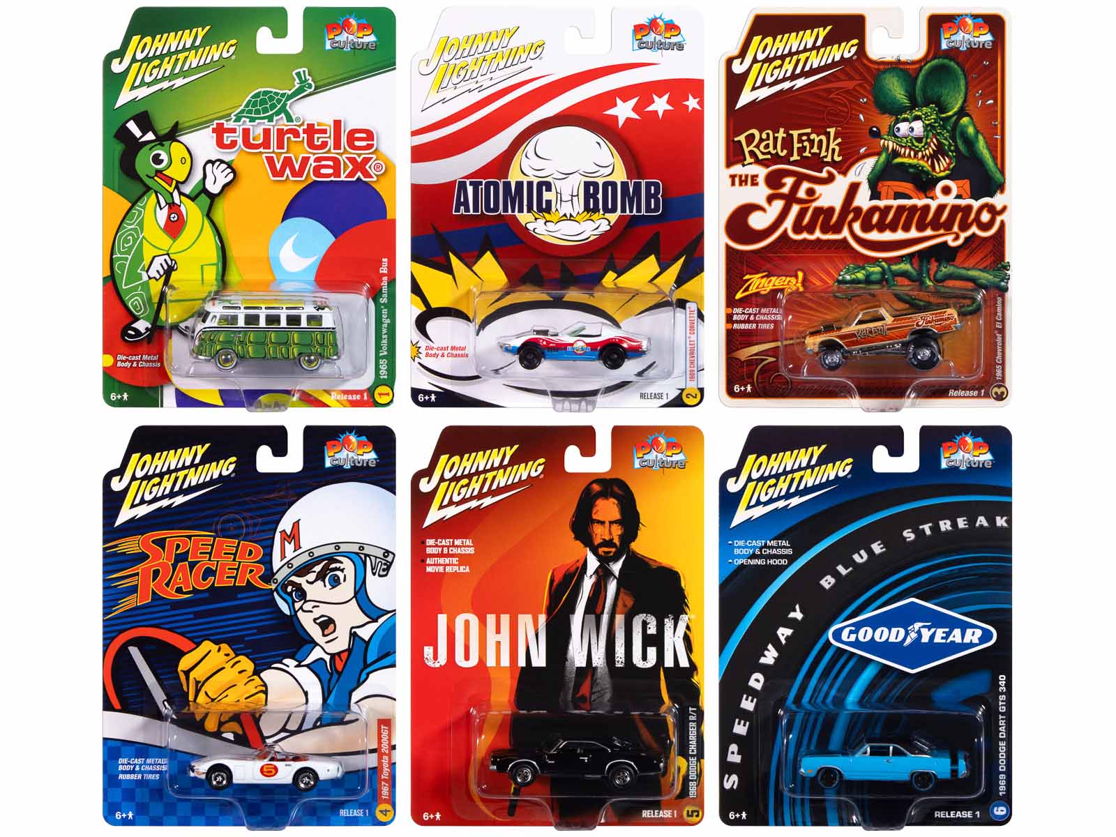 Sure, here is the corrected and grouped text from the image:

---

**Johnny Lightning**

- **Turtle Wax**
  - Die-cast Metal Body & Chassis
  - Release 1
  - 6+*

- **Atomic Bomb**
  - Die-cast Metal Body & Chassis
  - Release 1
  - 6+*

- **Rat Fink The Finkamino**
  - Die-cast Metal Body & Chassis
  - Release 1
  - 6+*

- **Speed Racer**
  - Die-cast Metal Body & Chassis
  - Release 1
  - 6+*

- **John Wick**
  - Die-cast Metal Body & Chassis
  - Authentic Movie Replica
  - Release 1
  - 6+*

- **Speedway Dodge Dart GTS**
  - Die-cast Metal Body & Chassis
  - Blue Streak
  - Good Year
  - Release 1
  - 6+*

---

This text is grouped by each product and includes the key details from the packaging.