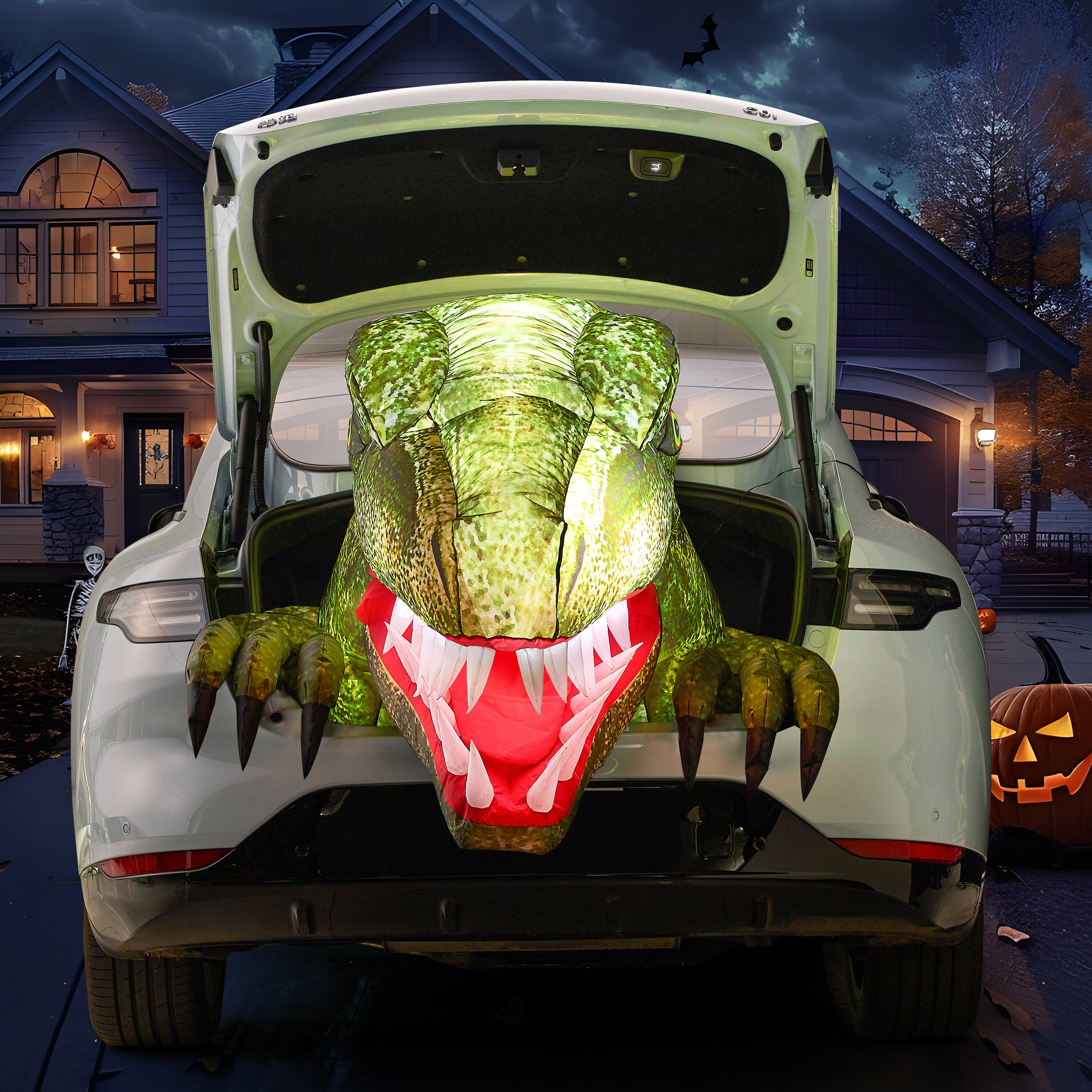 Left. Joyfy - Halloween Inflatable Animated Dinosaur Trunk or Treat Car Decor with Built-in LEDs for Outdoor Yard Garden Lawn Party - Green.