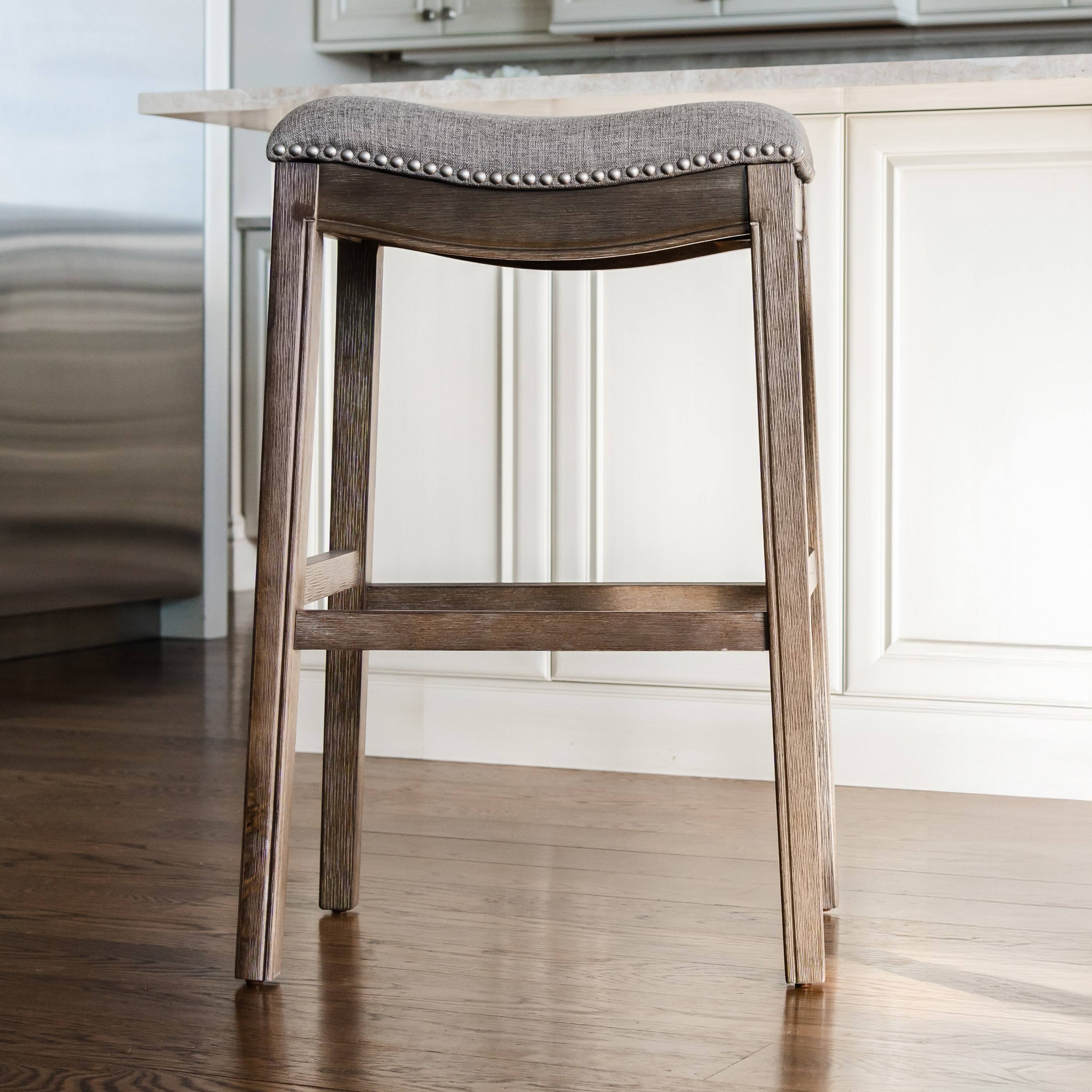 Angle. Maven Lane - 31" Adrien Backless Saddle Bar Stool in Walnut Finish with  Fabric Upholstery - Walnut.