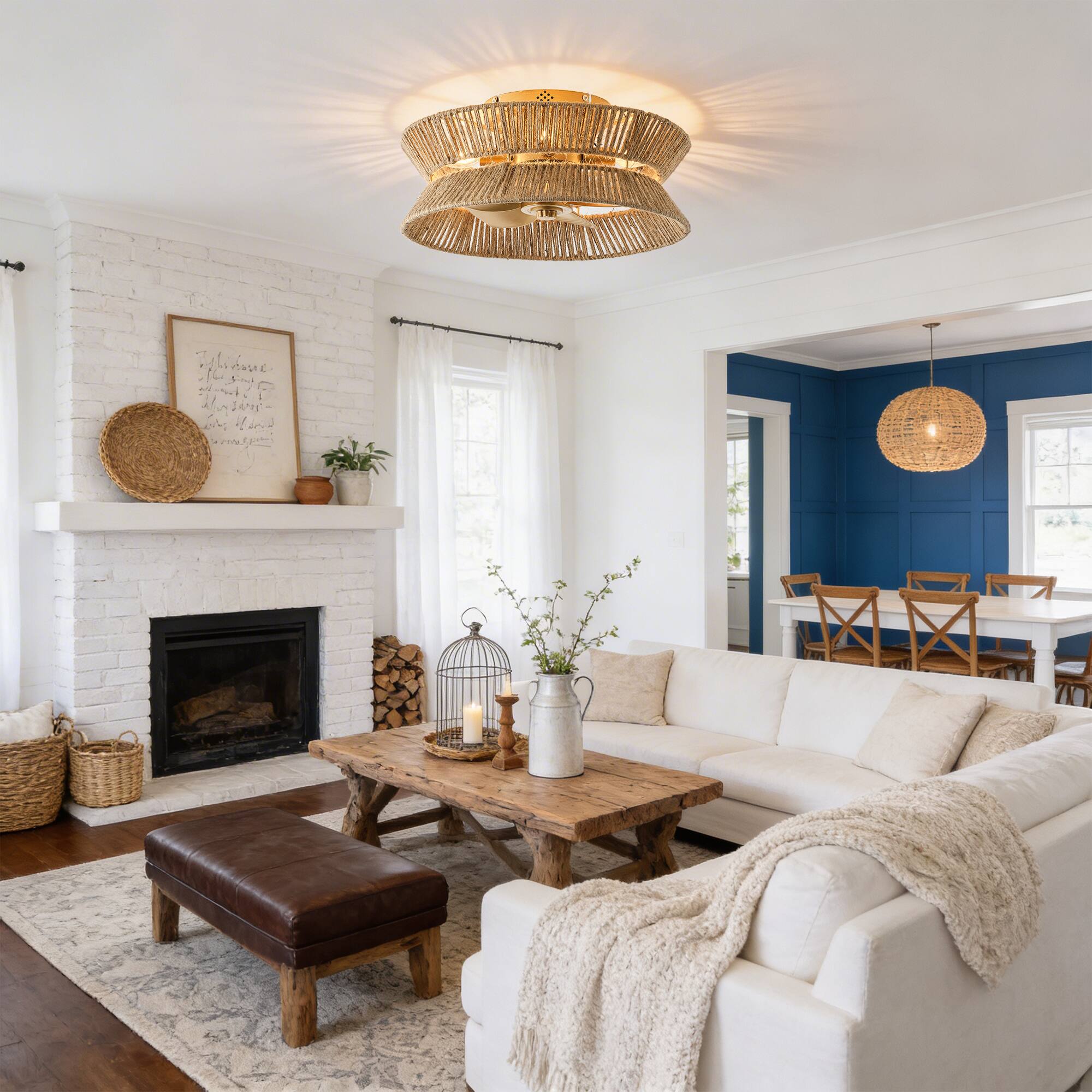 Left. Vaczon - 18" Bohemia Woven Hemp Rope Low-Profile Flush Mount Ceiling Fan Fadenlier with Remote for Bedroom and Living Room - Natural Jute.