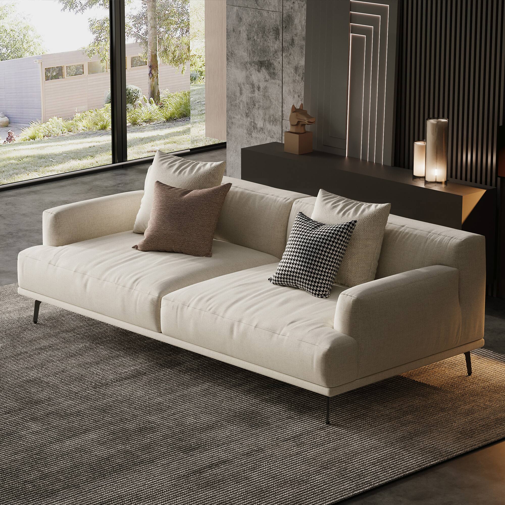 Angle. luck idea - 66.1" Breathable Cotton-Linen Fabric Sofa, Solid Wood Frame, High-Elastic Sponge Seat Cushion - Light Beige.