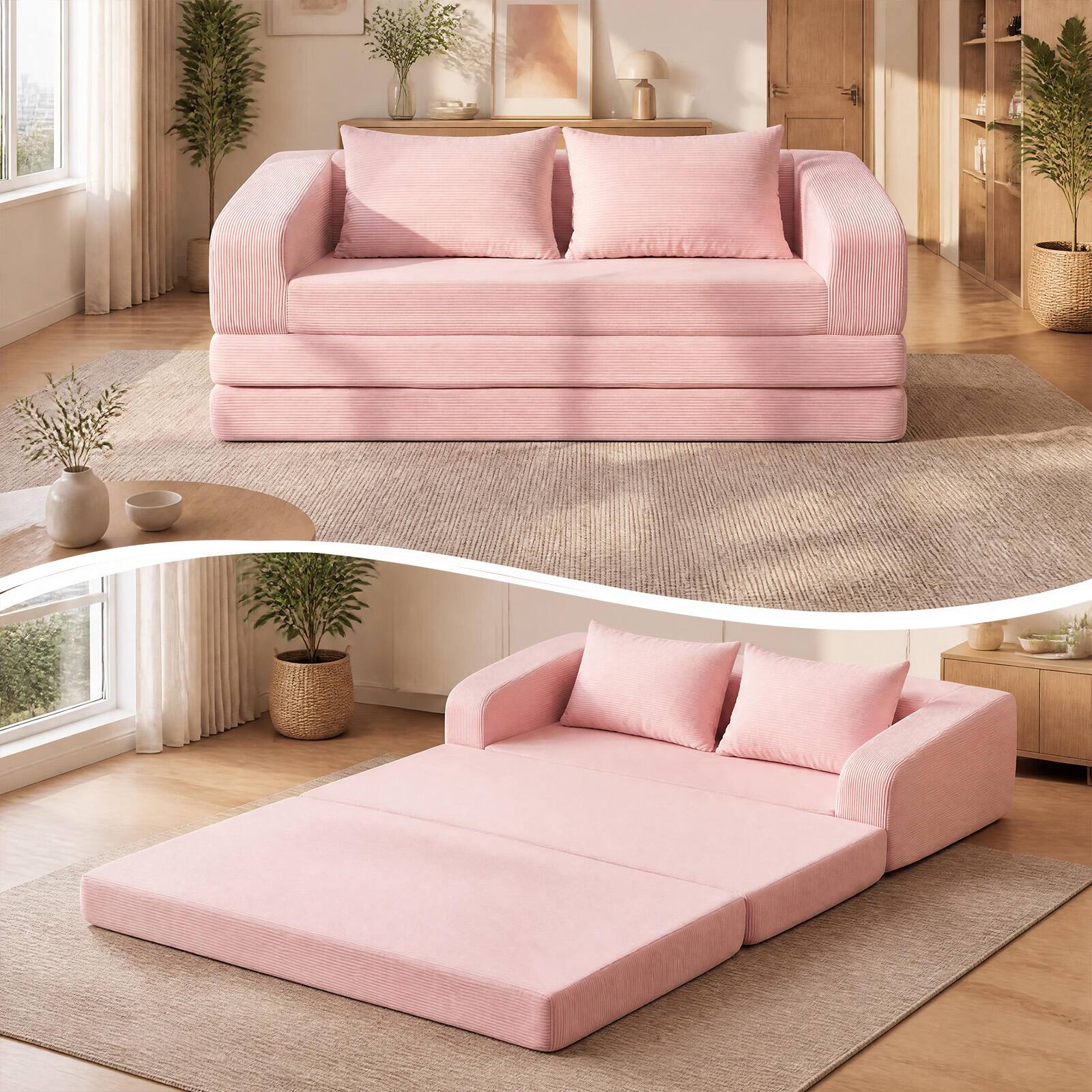 Alt View 1. Costway - Costway 61" Convertible Futon Sofa Bed with 2 Back Cushions for Living Room, No Assembly - Pink.