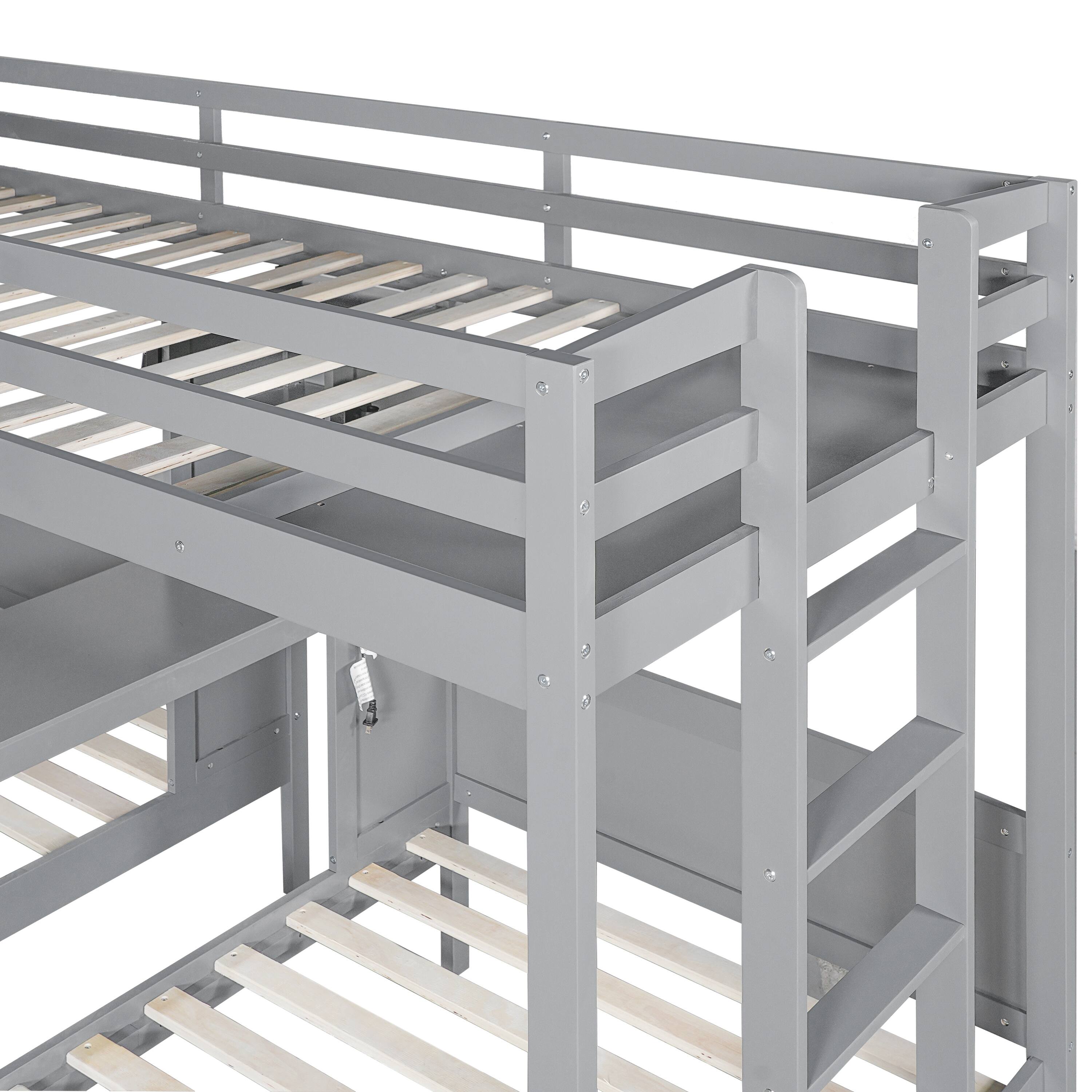 Alt View 2. Whisen - Twin over Twin over Twin Bunk Bed with Built-in Desk, Storage Shelves and LED Reading Lamp - Gray.