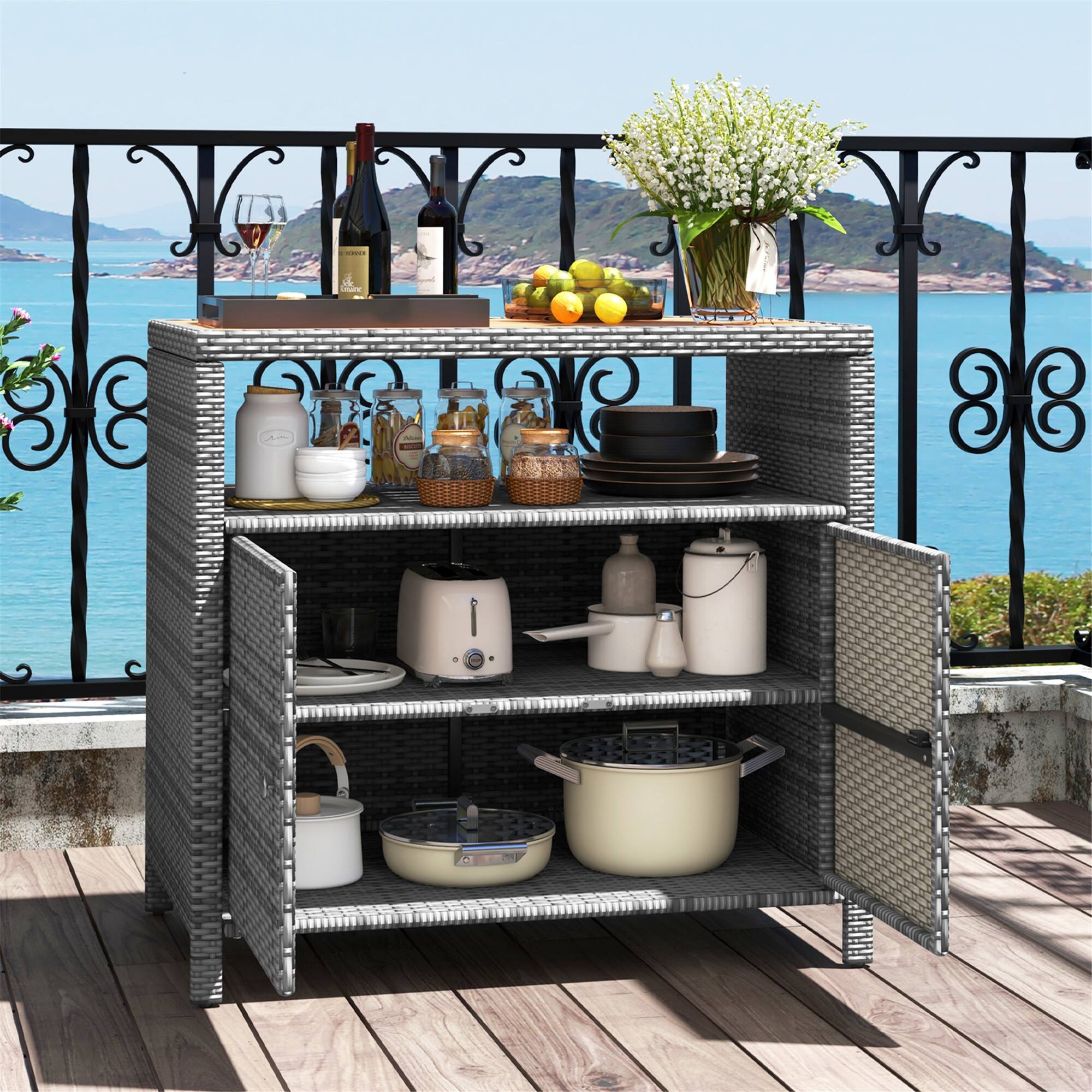 Alt View 1. Gymax - Gymax Patio Rattan Storage Cabinet w/ Acacia Wood Countertop Open Shelf 2 Door Cabinet - Mixed Grey, Natural.