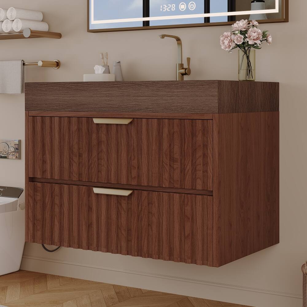 Alt View 2. Loheer - Loheer 30 inch floating bathroom vanity Walnut Wall Mounted Vanity with Sintered Stone Top - Walnut.