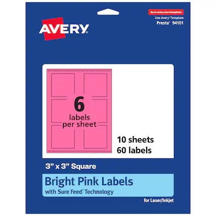 Go to avery.com/templates
AVERY
Use Avery Template Presta® 94101
6 labels per sheet
10 sheets
60 labels
3" x 3" Square
Bright Pink Labels with Sure Feed Technology for Laser/Inkjet