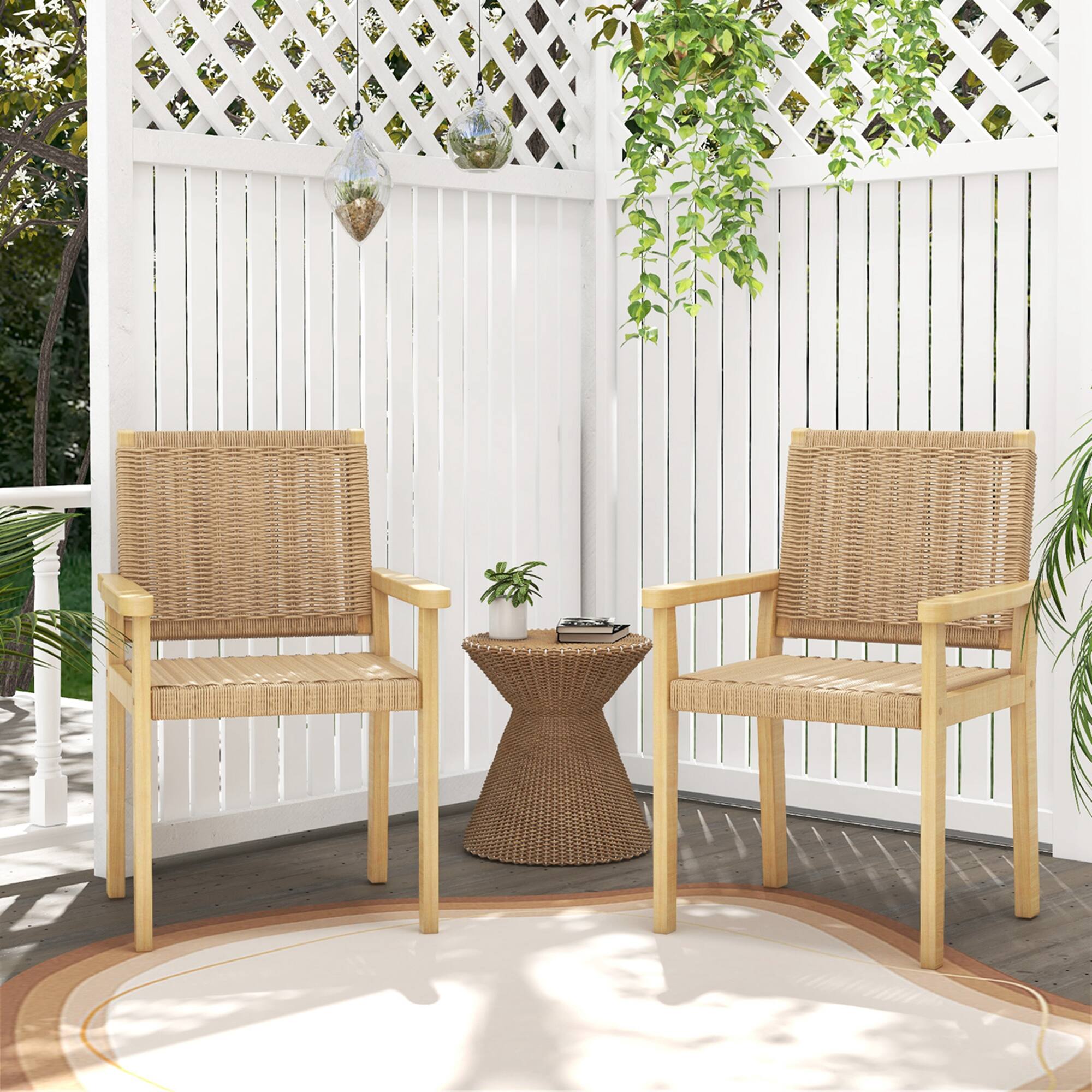Alt View 1. Costway - Costway Patio Chair Set of 2 Rubber Wood Dining Armchairs Paper Rope Woven Seat Balcony - Natural.