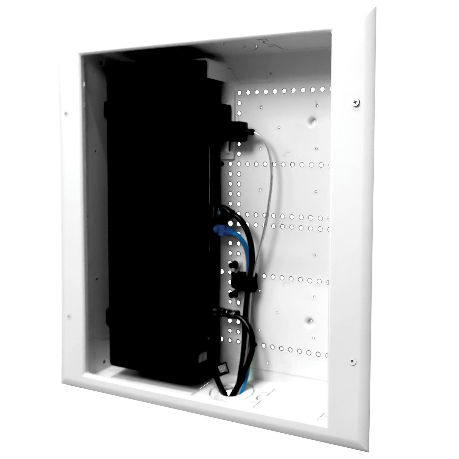Back. DataComm Electronics - 17" ABS Plastic Connected Media Box, No Power, Slim-Line Trim Ring - White.