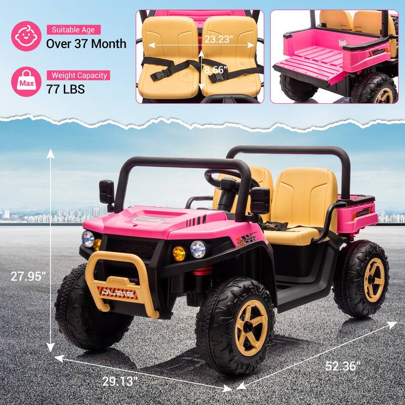 Suitable Age: Over 37 Month

Max Weight Capacity: 77 LBS

Dimensions:
- Seat Height: 8.66"
- Seat Width: 23.23"
- Overall Length: 52.36"
- Overall Width: 29.13"
- Overall Height: 27.95"