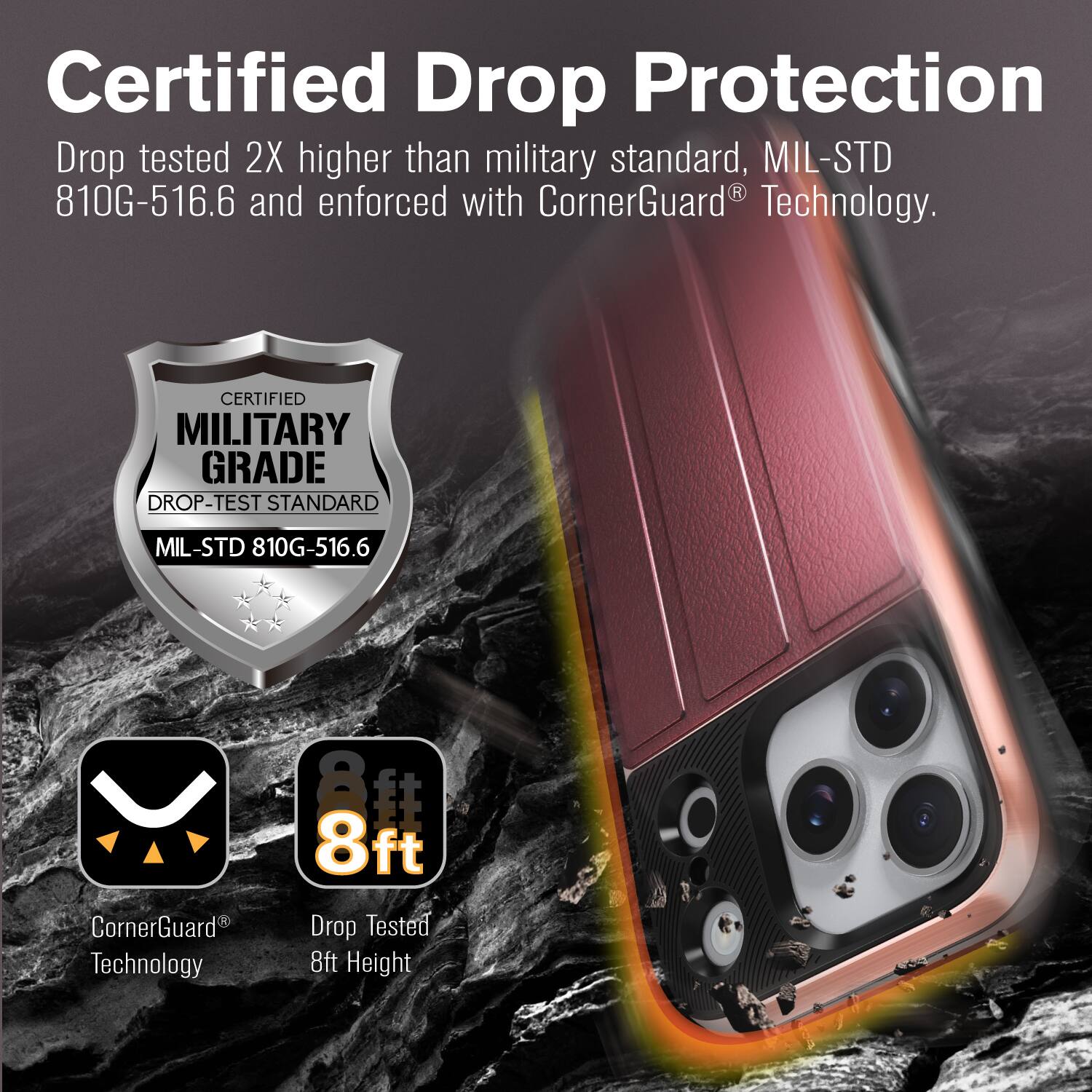 Certified Drop Protection

Drop tested 2X higher than military standard, MIL-STD 810G-516.6 and enforced with CornerGuard® Technology.

Certified Military Grade Drop-Test Standard MIL-STD 810G-516.6

CornerGuard® Technology

Drop Tested 8ft Height
