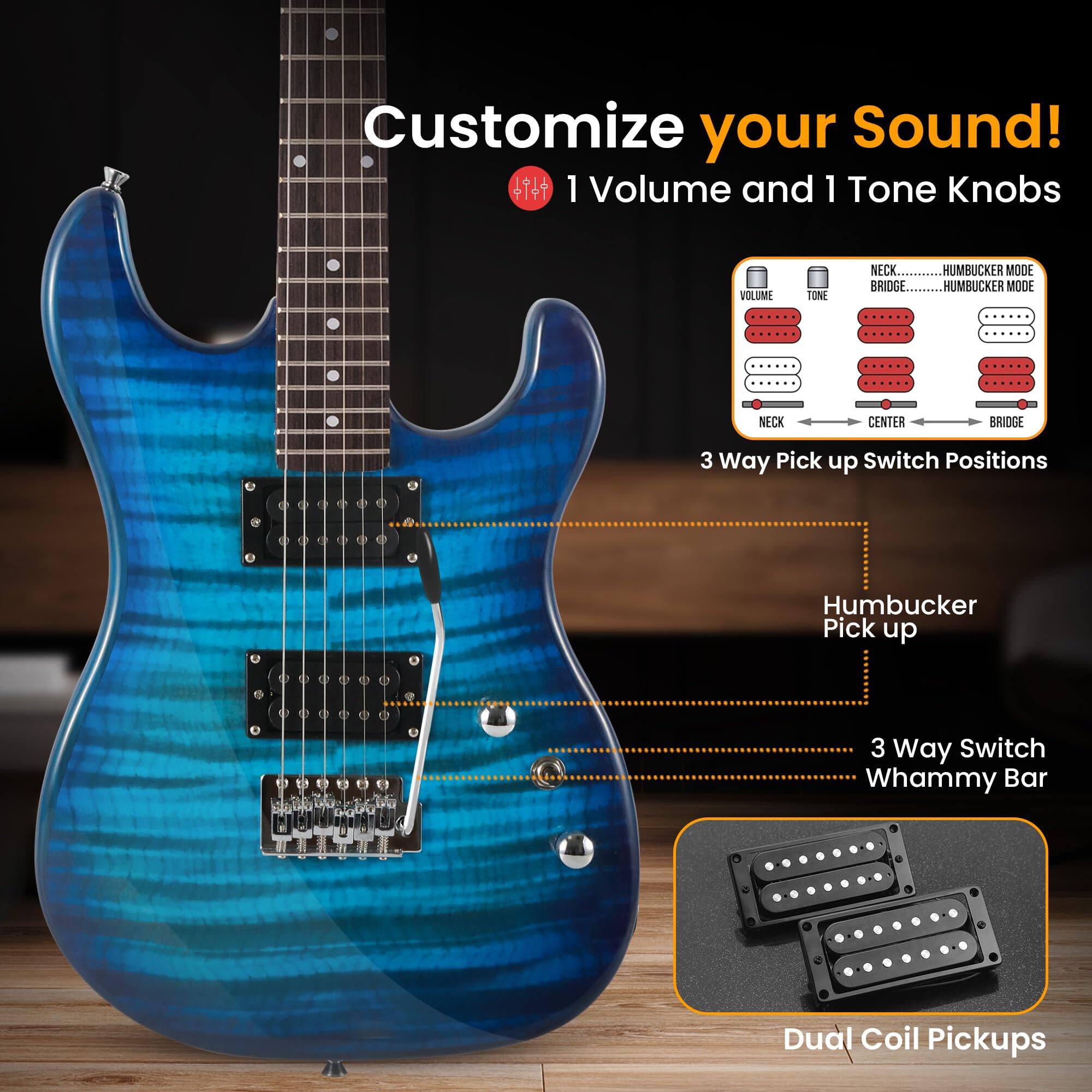 Customize your Sound!  
1 Volume and 1 Tone Knobs  
VOLUME TONE  
NECK BRIDGE  
HUMBUCKER MODE  
HUMBUCKER MODE  
NECK CENTER BRIDGE  
3 Way Pick up Switch Positions  
Humbucker Pick up  
3 Way Switch  
Whammy Bar  
Dual Coil Pickups