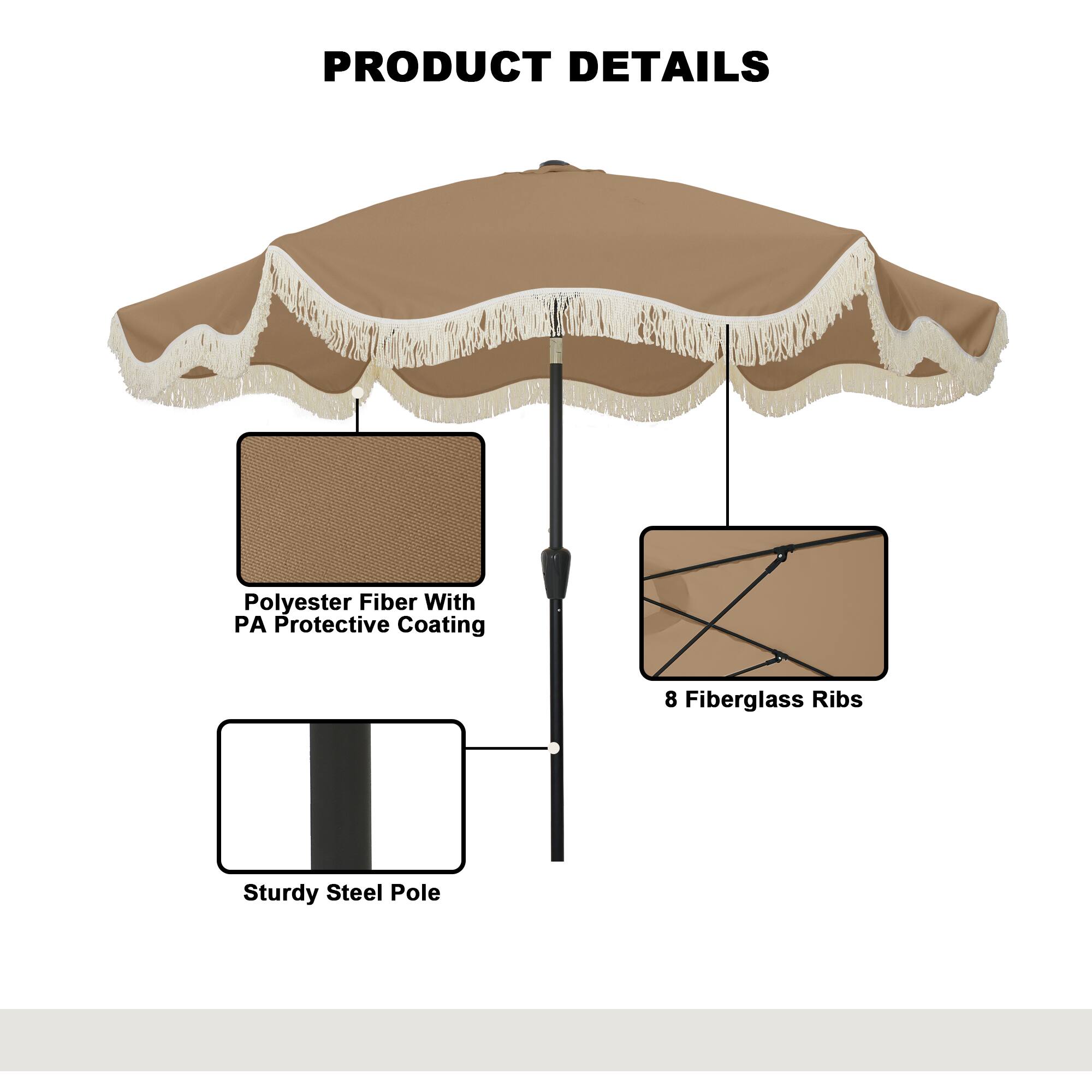 PRODUCT DETAILS

- Polyester Fiber With PA Protective Coating
- 8 Fiberglass Ribs
- Sturdy Steel Pole