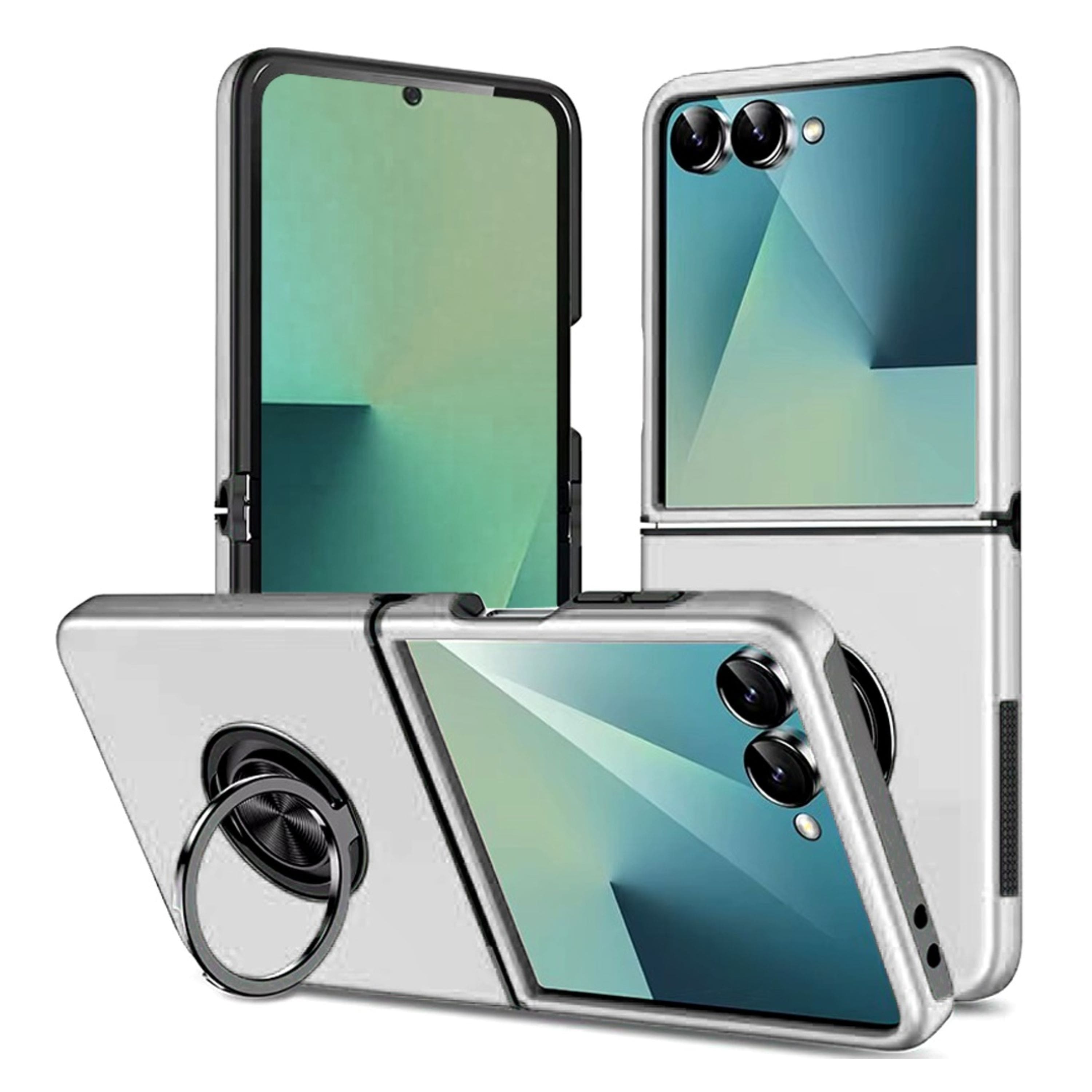 Kitcheniva - Rubber Dual Layer Magnetic Ring Stand Case With Tempered Glass For Samsung Z Flip7 - Silver