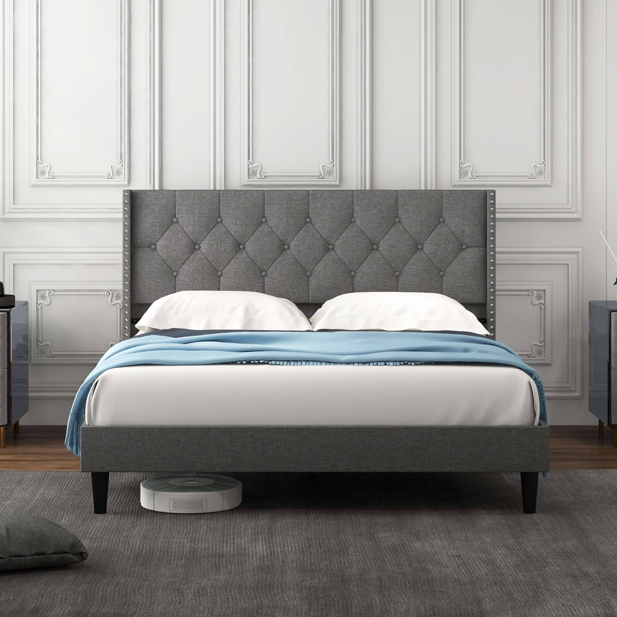 Alt View 1. Costway - Costway Queen Size Upholstered Platform Bed Button Tufted Headboard Mattress Foundation - Grey.