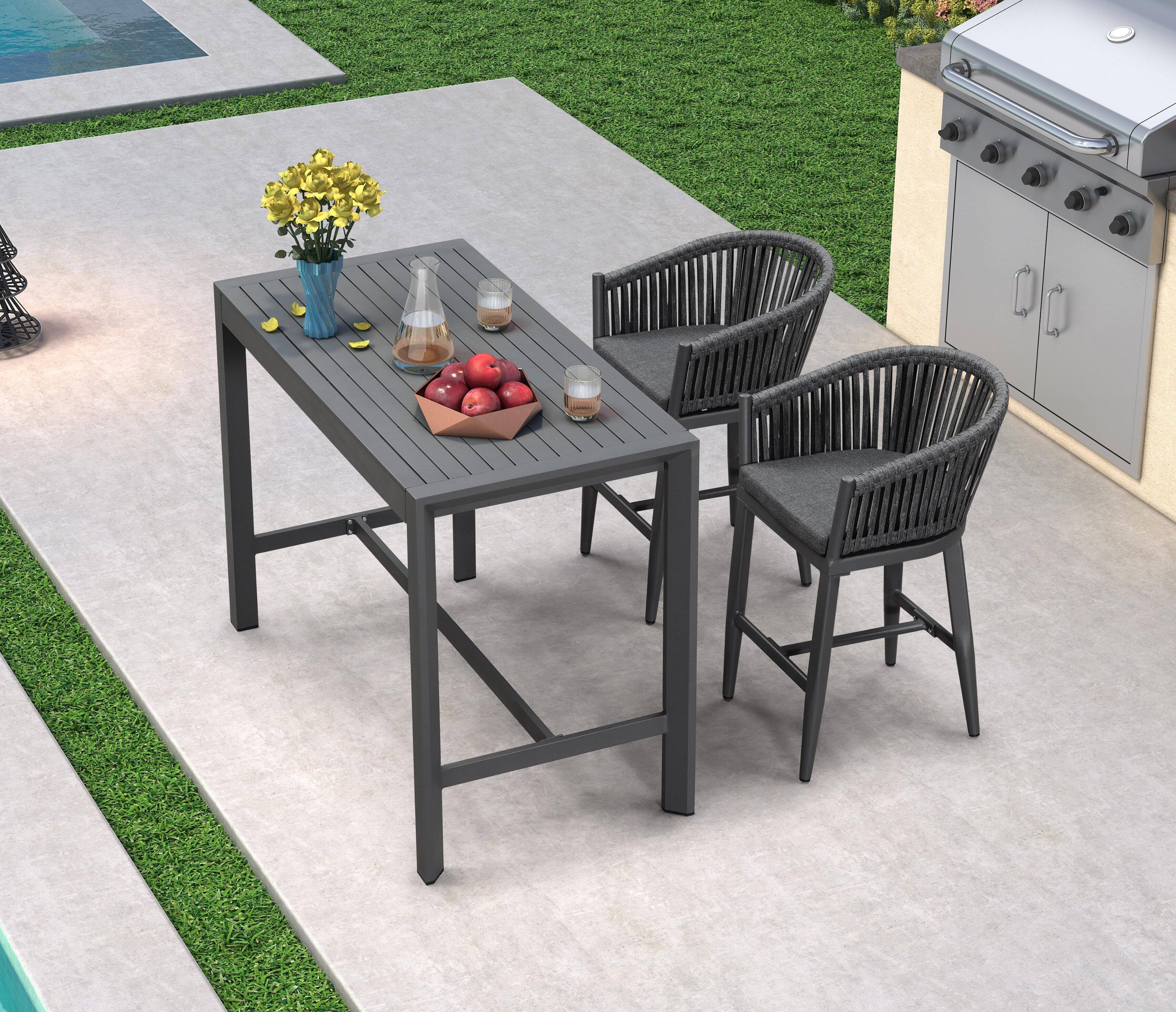 Alt View 1. PURPLE LEAF - Outdoor Counter/Bar Height Stools Set of 2 Rattan Wicker Bar Chairs Woven Aluminum Barstools with Back and Cushions - Grey-Counter Stool.