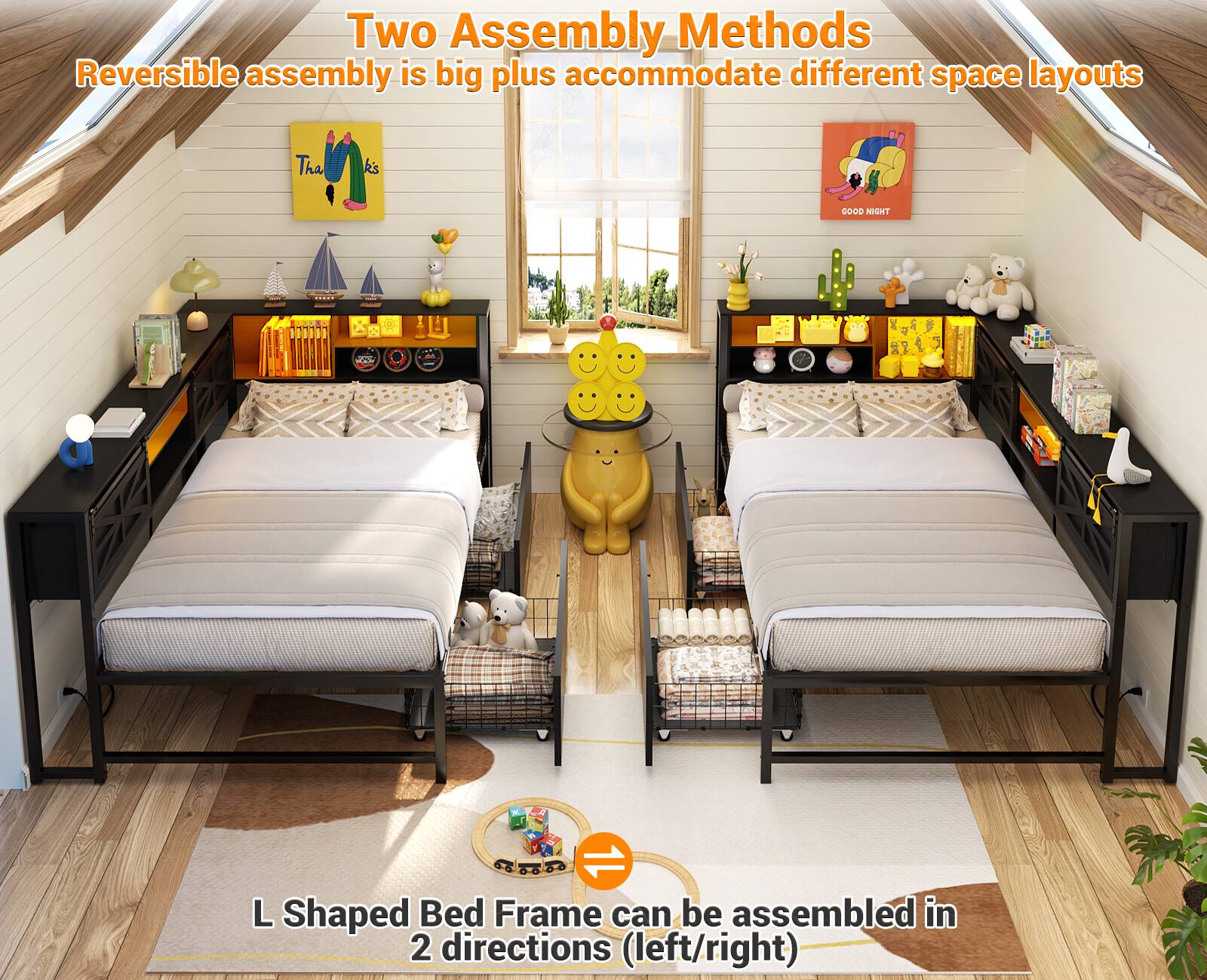 Two Assembly Methods  
Reversible assembly is a big plus to accommodate different space layouts  

L Shaped Bed Frame can be assembled in 2 directions (left/right)