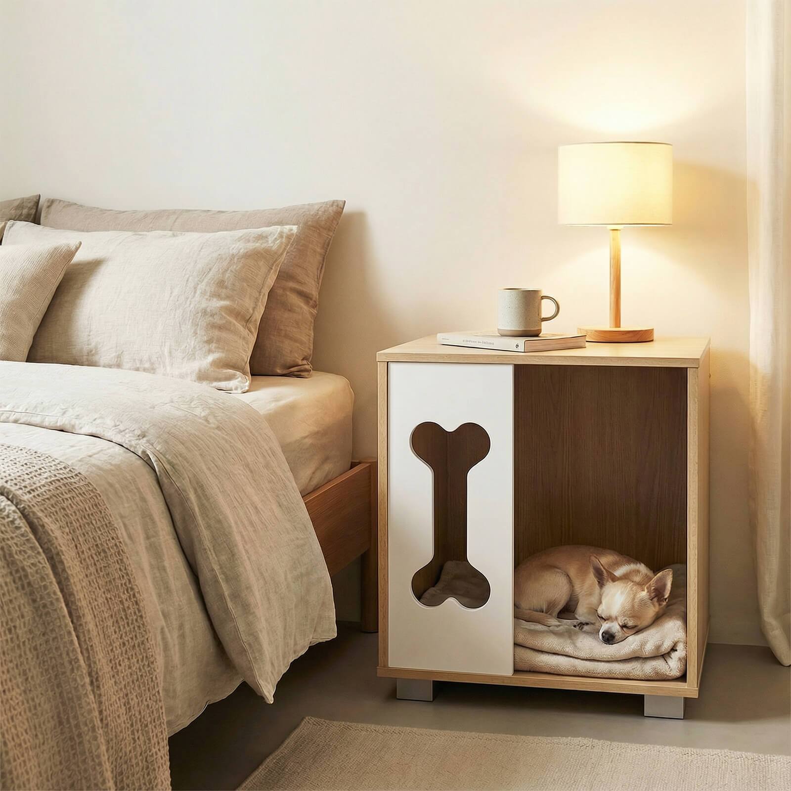 Alt View 4. Costway - Costway Dog Bed Side Table, Wooden Dog Condo with Bone-shape Window & Thick Metal Legs - Natural,White.