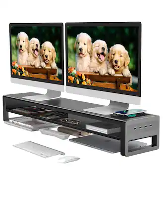 Front. Cedar Assembly - 2 Tiers Dual Monitor Stand With Auto Charging Pad 4 Usb 3.0 Hub Ports Double Riser Metal Desk Storage Long - With Wireless Charger.
