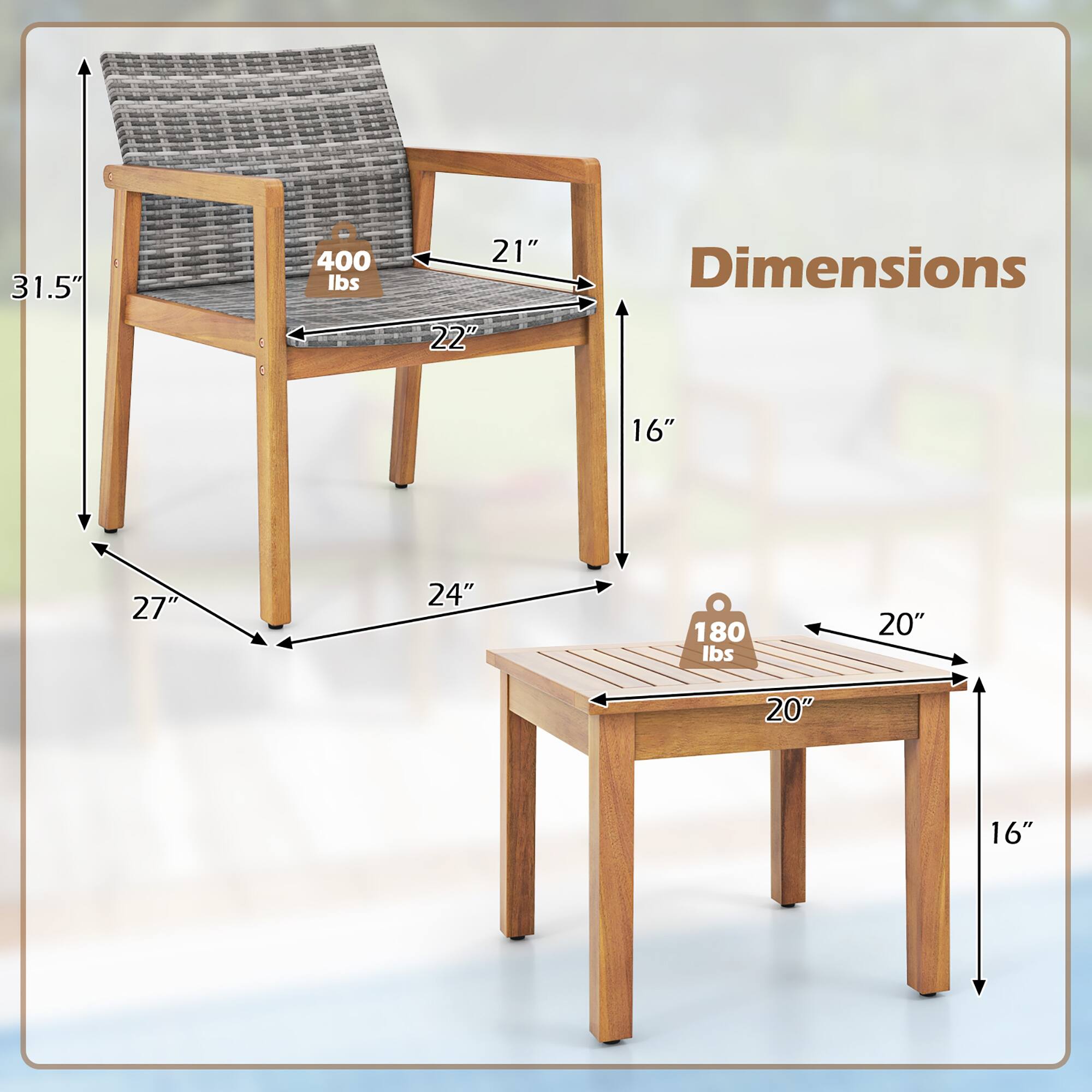 The text on the image is grouped and corrected as follows:

Dimensions: 16" x 27" x 24"
Weight: 400 lbs

Dimensions: 20" x 20" x 16"
Weight: 180 lbs
