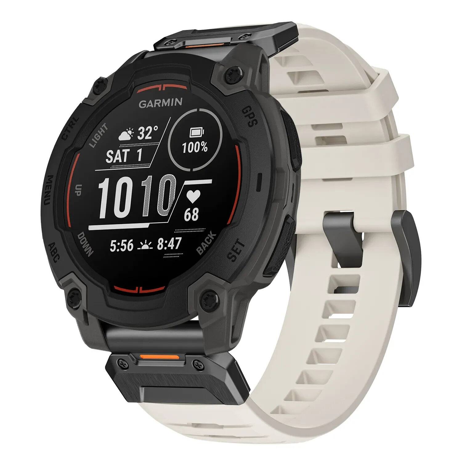GARMIN CTRL GPS LIGHT 32 100% SAT 1 MENU UP 10:10 68 ABC DOWN 5:56 X 8:47 BACK SET