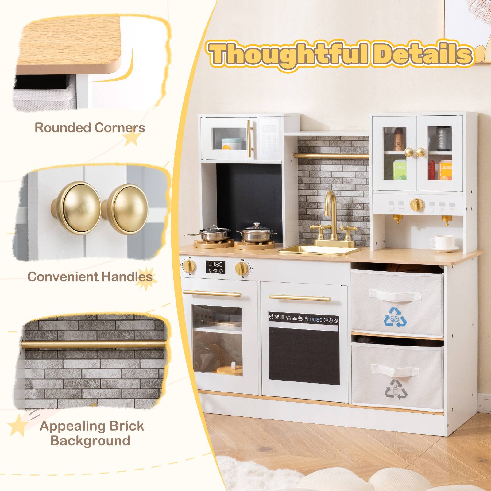 Thoughtful Details

- Rounded Corners
- Convenient Handles
- Appealing Brick Background