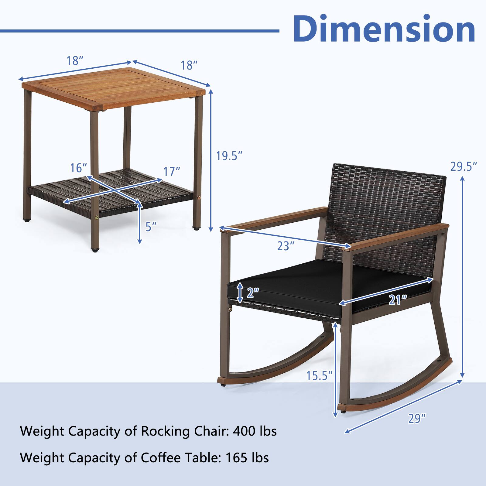 18"  
18"  
Dimension  
16"  
17"  
19.5"  
29.5"  
5"  
23"  
12"  
21"  
15.5"  
29"  

Weight Capacity of Rocking Chair: 400 lbs  
Weight Capacity of Coffee Table: 165 lbs