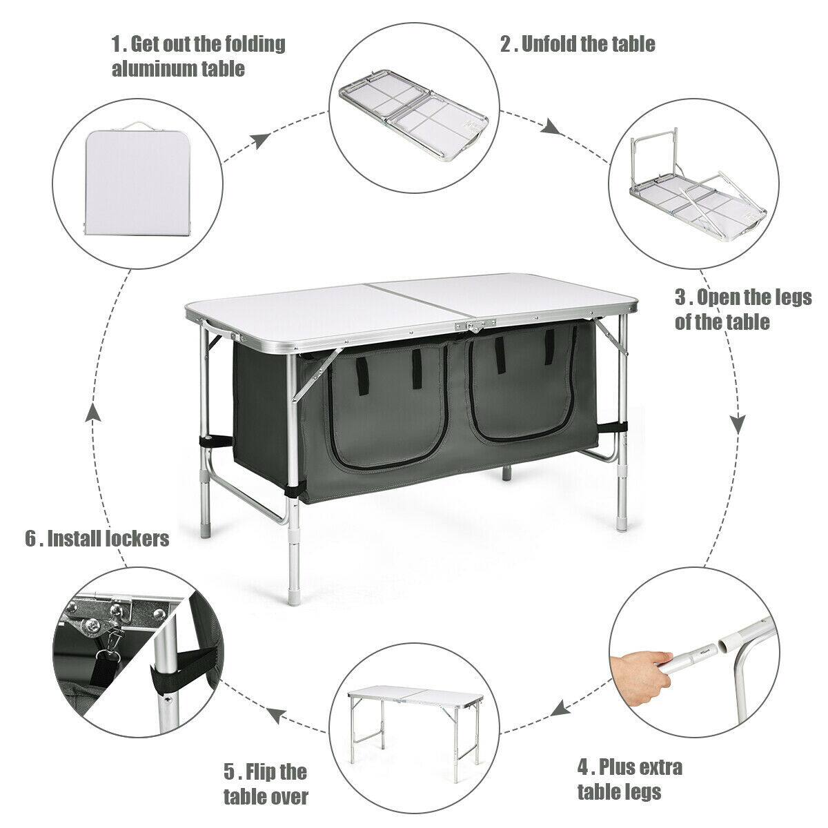 1. Get out the folding aluminum table  
2. Unfold the table  
3. Open the legs of the table  
4. Plus extra table legs  
5. Flip the table over  
6. Install lockers