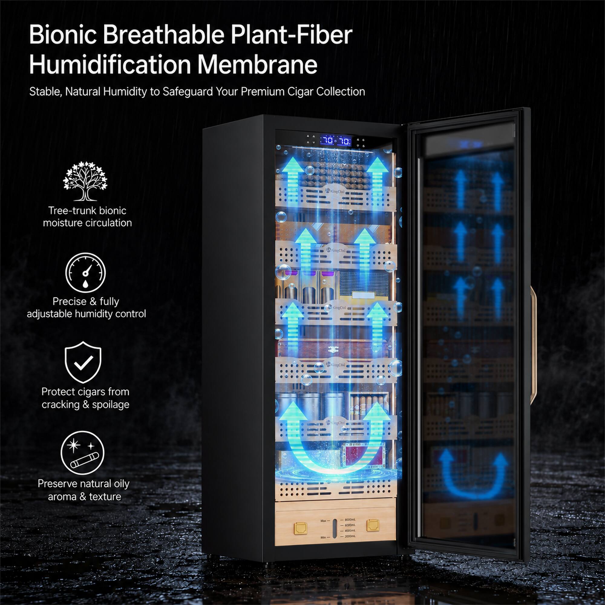 Bionic Breathable Plant-Fiber Humidification Membrane  
Stable, Natural Humidity to Safeguard Your Premium Cigar Collection

- Tree-trunk bionic moisture circulation
- Precise & fully adjustable humidity control
- Protect cigars from cracking & spoilage
- Preserve natural oily aroma & texture