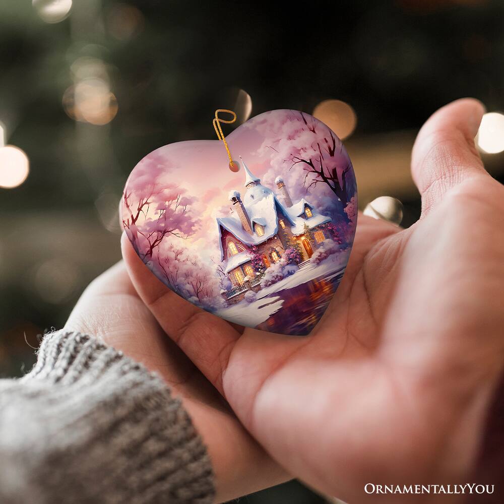 Alt View 1. OrnamentallyYou - Picturesque Snowy Evening House Illustration Christmas Ornament Peaceful Home Decoration Heart - Multi-colored.