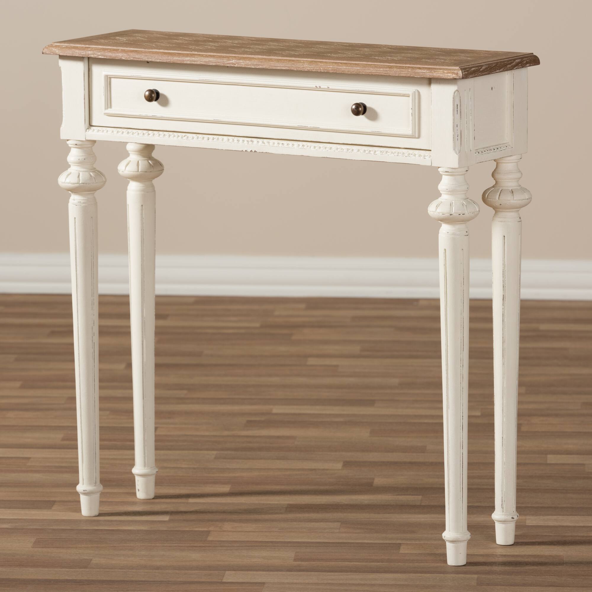Alt View 4. Baxton Studio - Marquetterie French Provincial Style WeatheOak and Distressed Finish Wood Two-Tone Console Table - White/Natural.