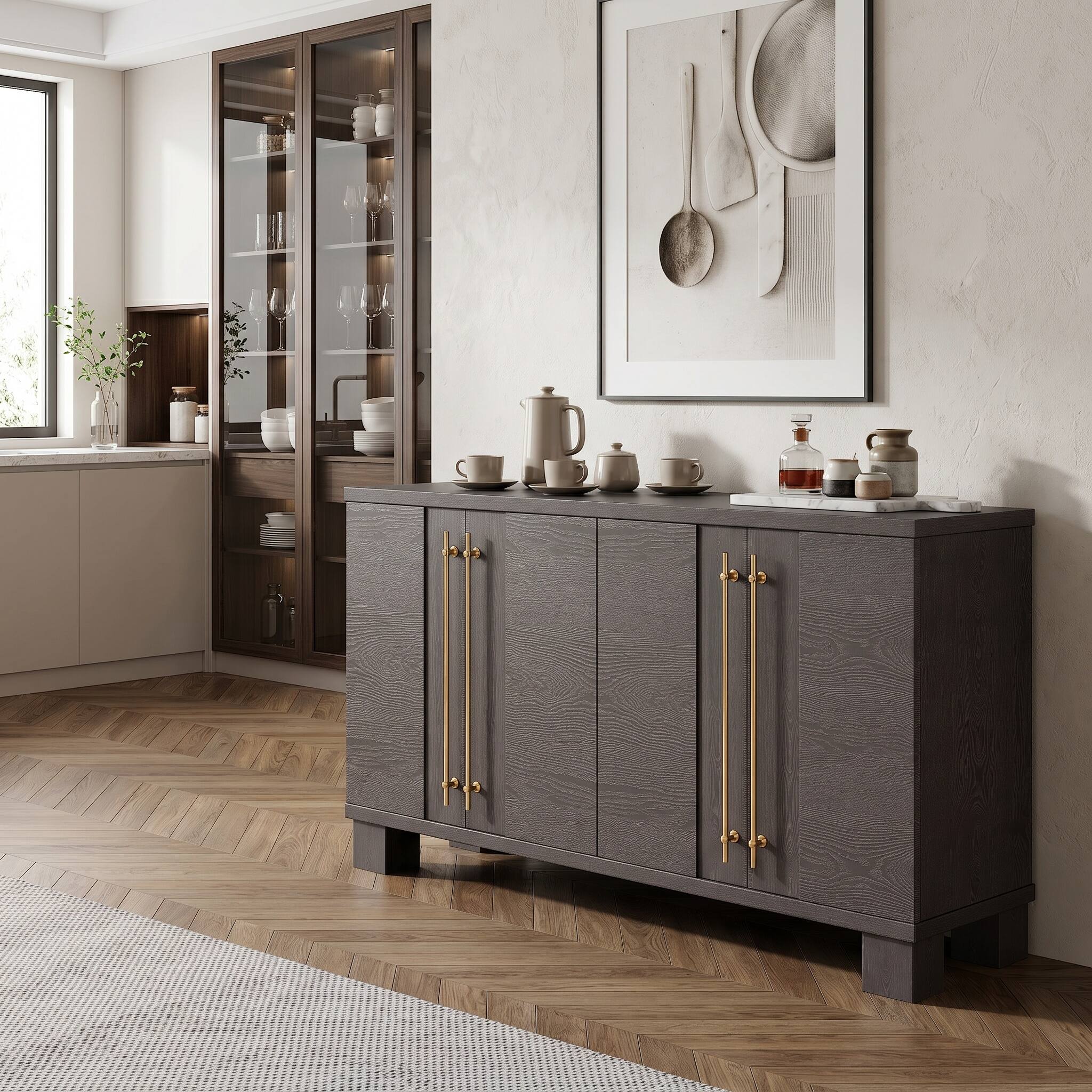 Alt View 9. Forest'nSky - Taupe Sideboard Buffet Cabinet with Adjustable Shelves and Gold Handles for Kitchen - Taupe.