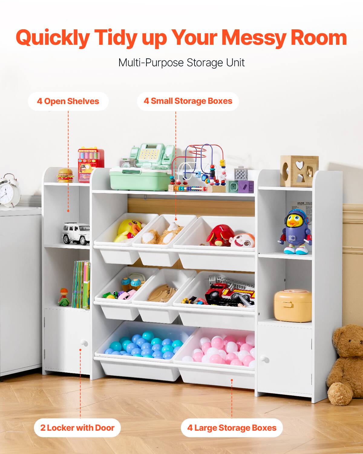 Quickly Tidy up Your Messy Room Multi-Purpose Storage Unit: 4 Open Shelves, 4 Small Storage Boxes, 2 Lockers with Door, 4 Large Storage Boxes.