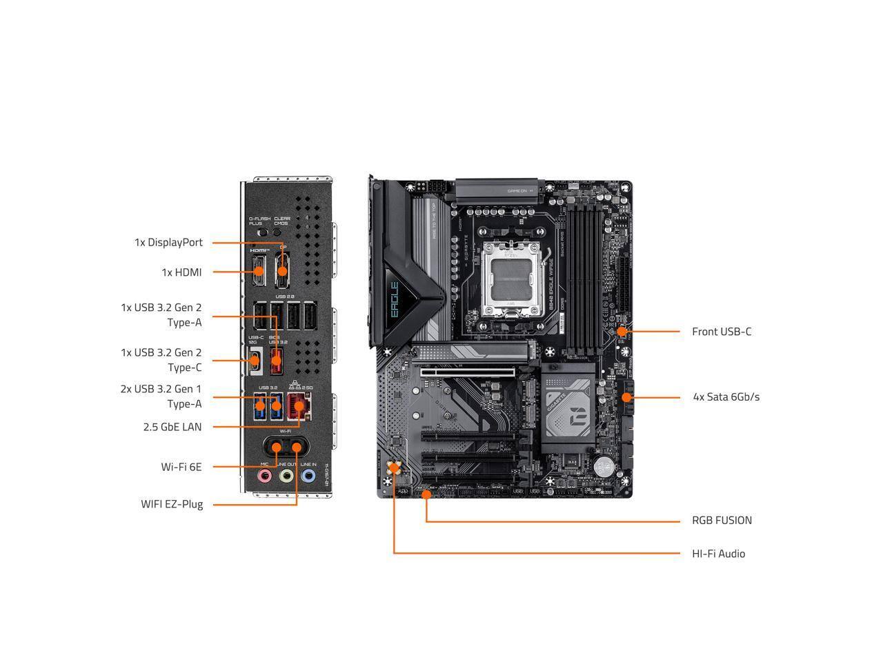 6-7-151 PLUS COM

1x DisplayPort  
1x HDMI  
1x USB 3.2 Gen 2 Type-A  
1x USB 3.2 Gen 2 Type-C  
2x USB 3.2 Gen 1 Type-A  
4x SATA 6Gb/s  
2.5 GbE LAN  
Wi-Fi 6E  
WIFI EZ-Plug  
RGB FUSION  
HI-Fi Audio