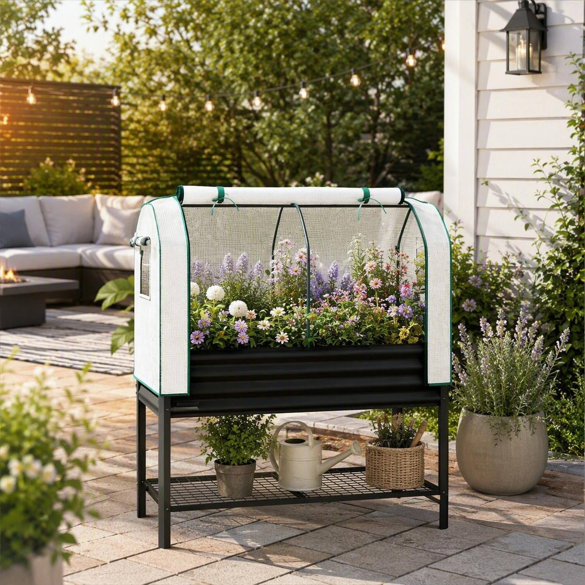 Left. RYHNUYNE - Raised Garden Bed with Legs and PE Greenhouse Cover, Elevated Planter Box with Mesh Shelf, 47.2 Inch Black Metal - Black.