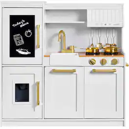 Best Choice Products - Wooden Pretend Play Kitchen for Kids, Interactive Playset, 11 Accessories - with Herringbone - Ivory