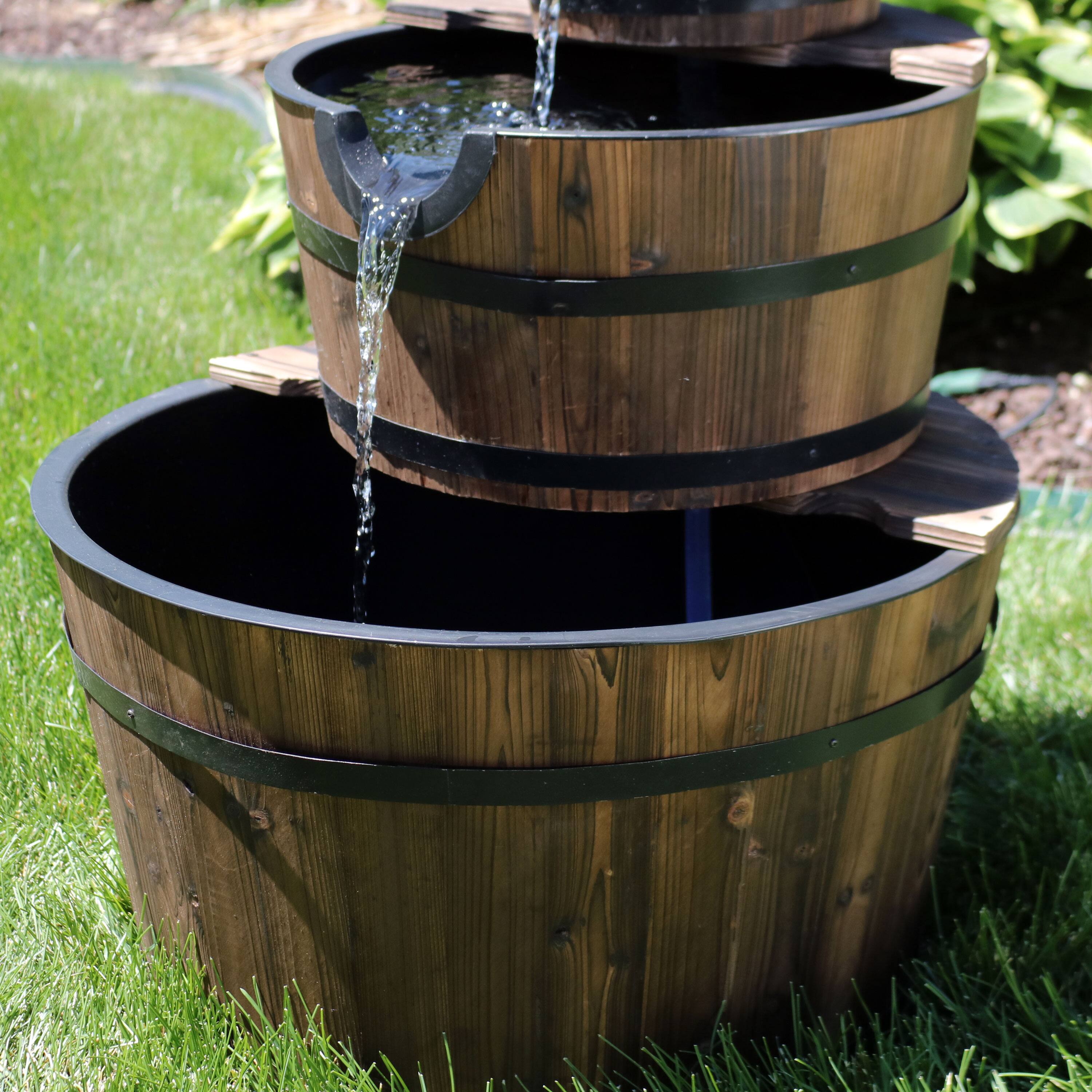 Alt View 8. Sunnydaze - Rustic 3-Tier Wooden Fir Barrel-Style Water Fountain - 30 in - Brown.