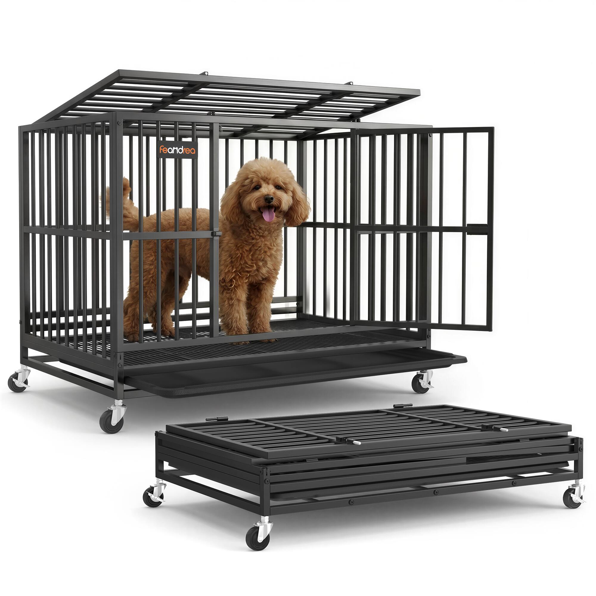 Front. Songmics Home - Heavy-Duty Dog Crate, 5-Minute Quick Assembly, Foldable Dog Kennel Cage with Lockable Wheels, Double Doors - Ink Black.