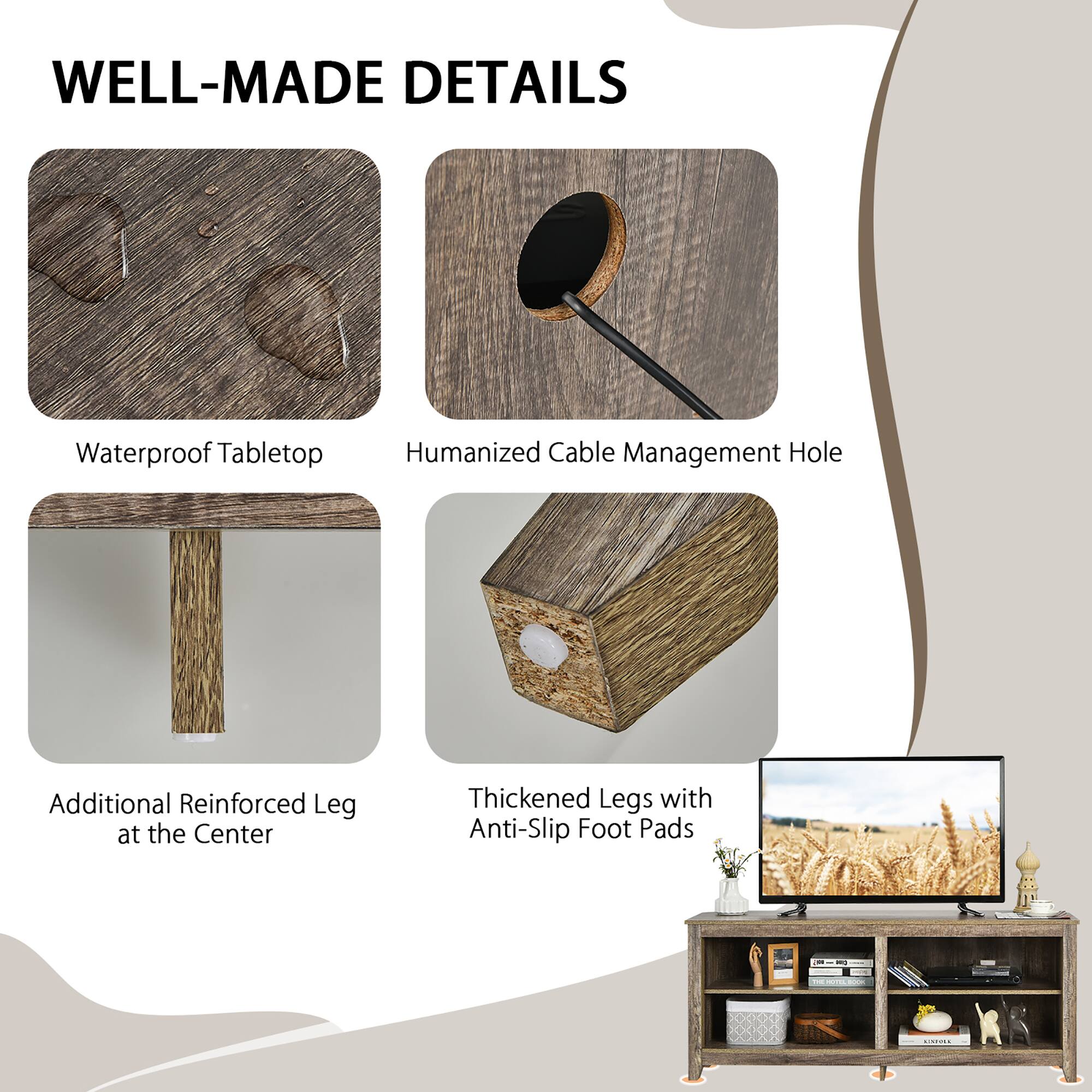 WELL-MADE DETAILS:

1. Waterproof Tabletop:
2. Humanized Cable Management Hole:
3. Additional Reinforced Leg at the Center:
4. Thickened Legs with Anti-Slip Foot Pads: